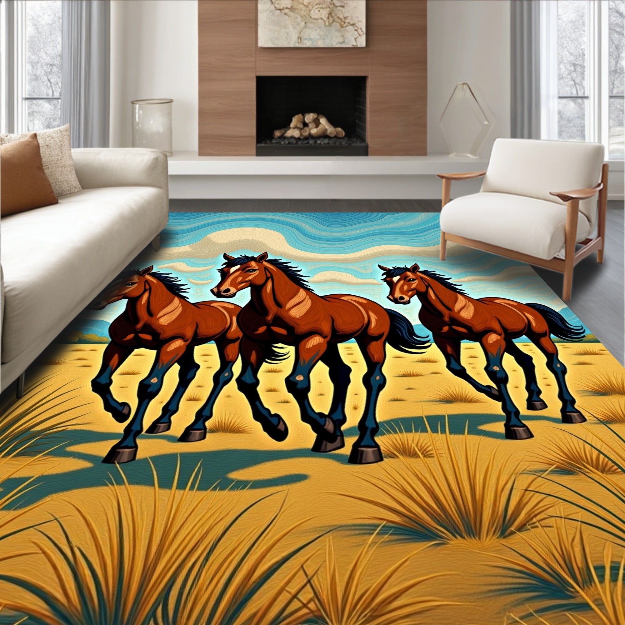 Running Bay Horses Desert Landscape Rug