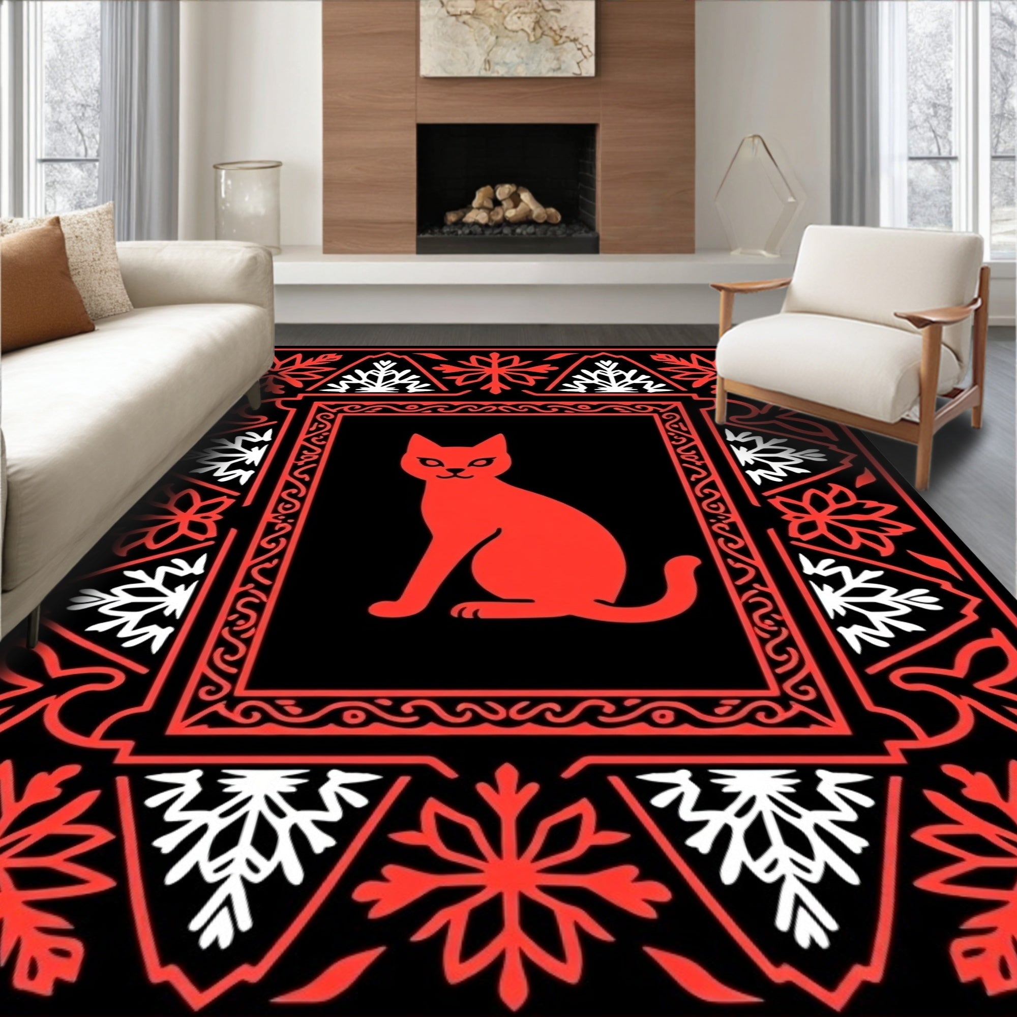 Bold Red Sitting Cat Medieval Frame Rug