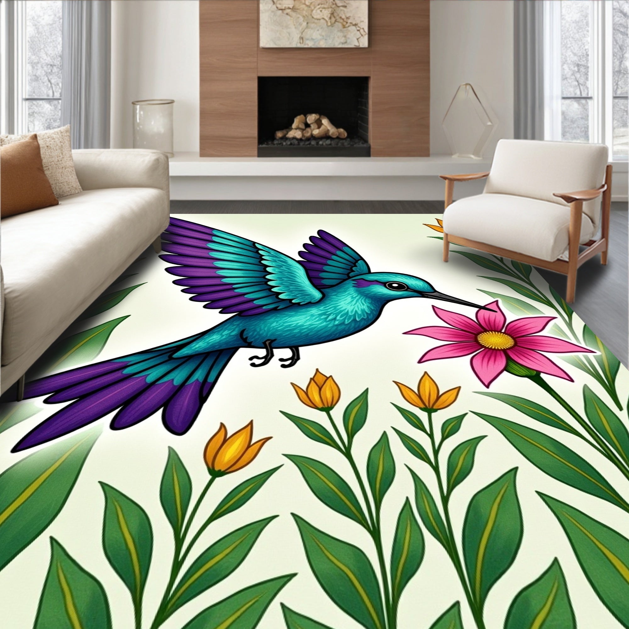 Vibrant Hummingbird with Floral Garden Rug