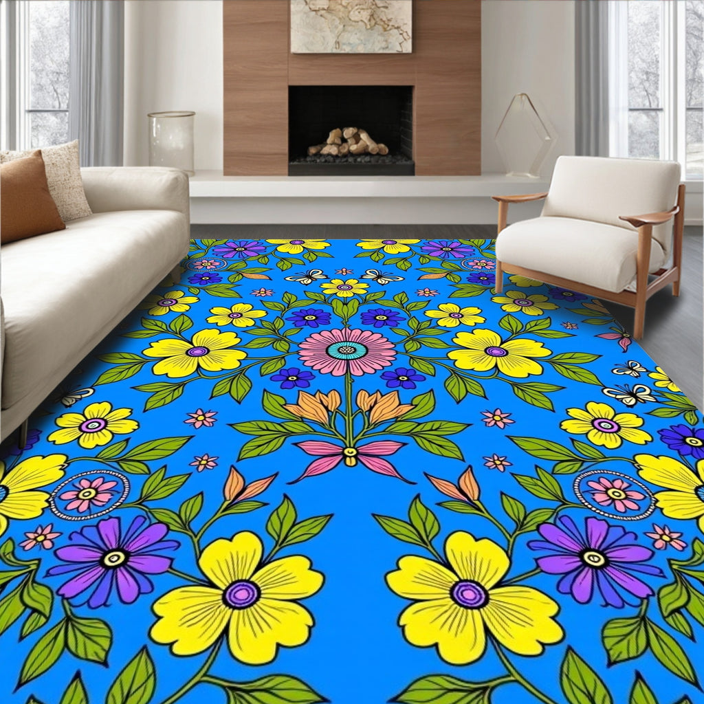 Vibrant Floral Butterfly Garden Blue Rug