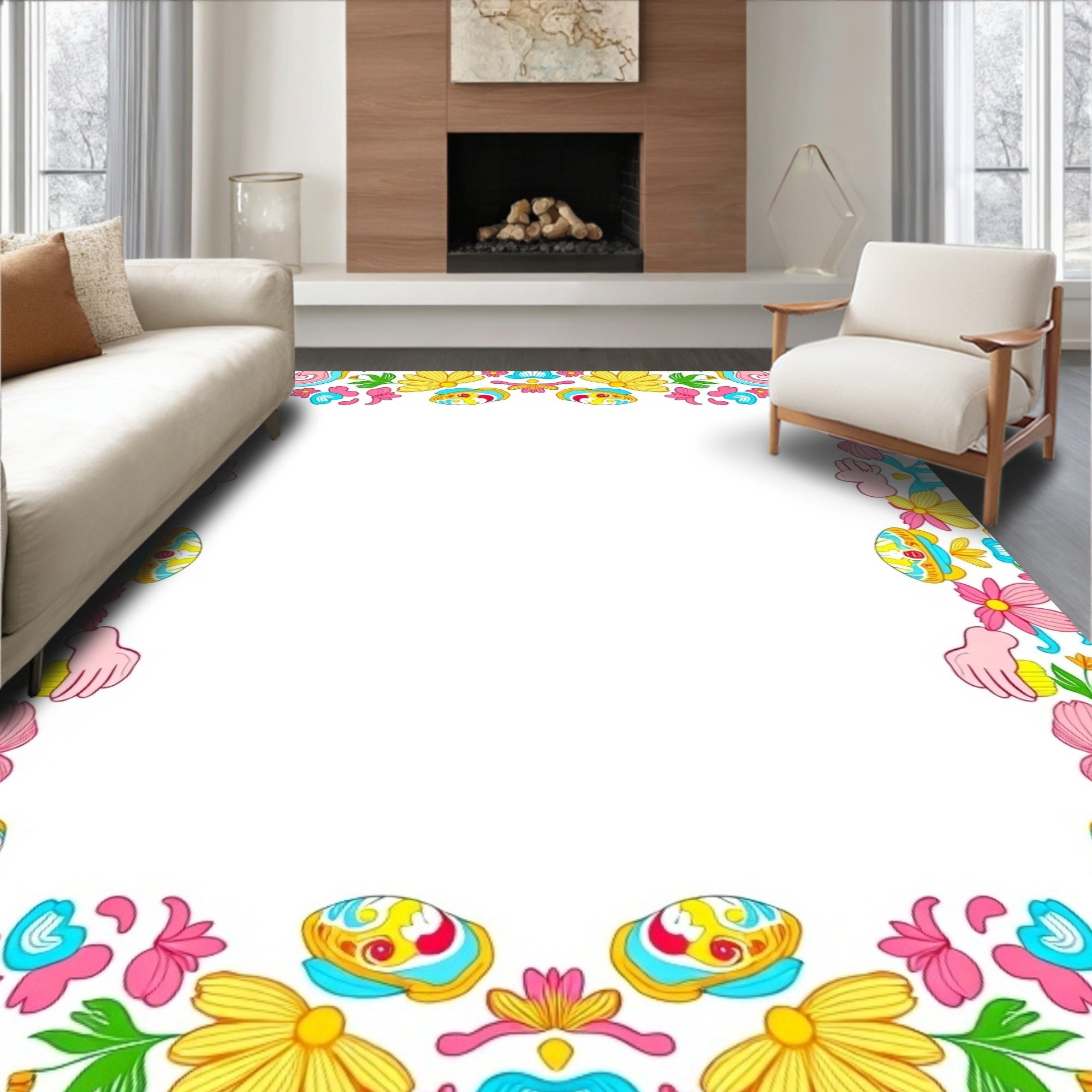 Retro Pink Yellow Floral Hand Border Rug