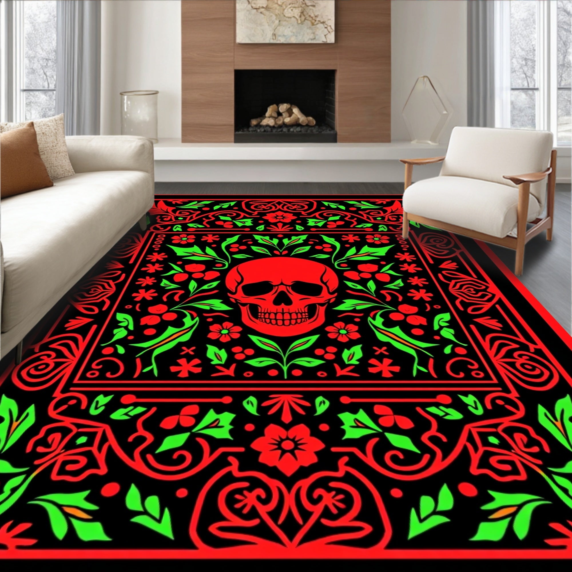 Crimson Skull Floral Border Rug