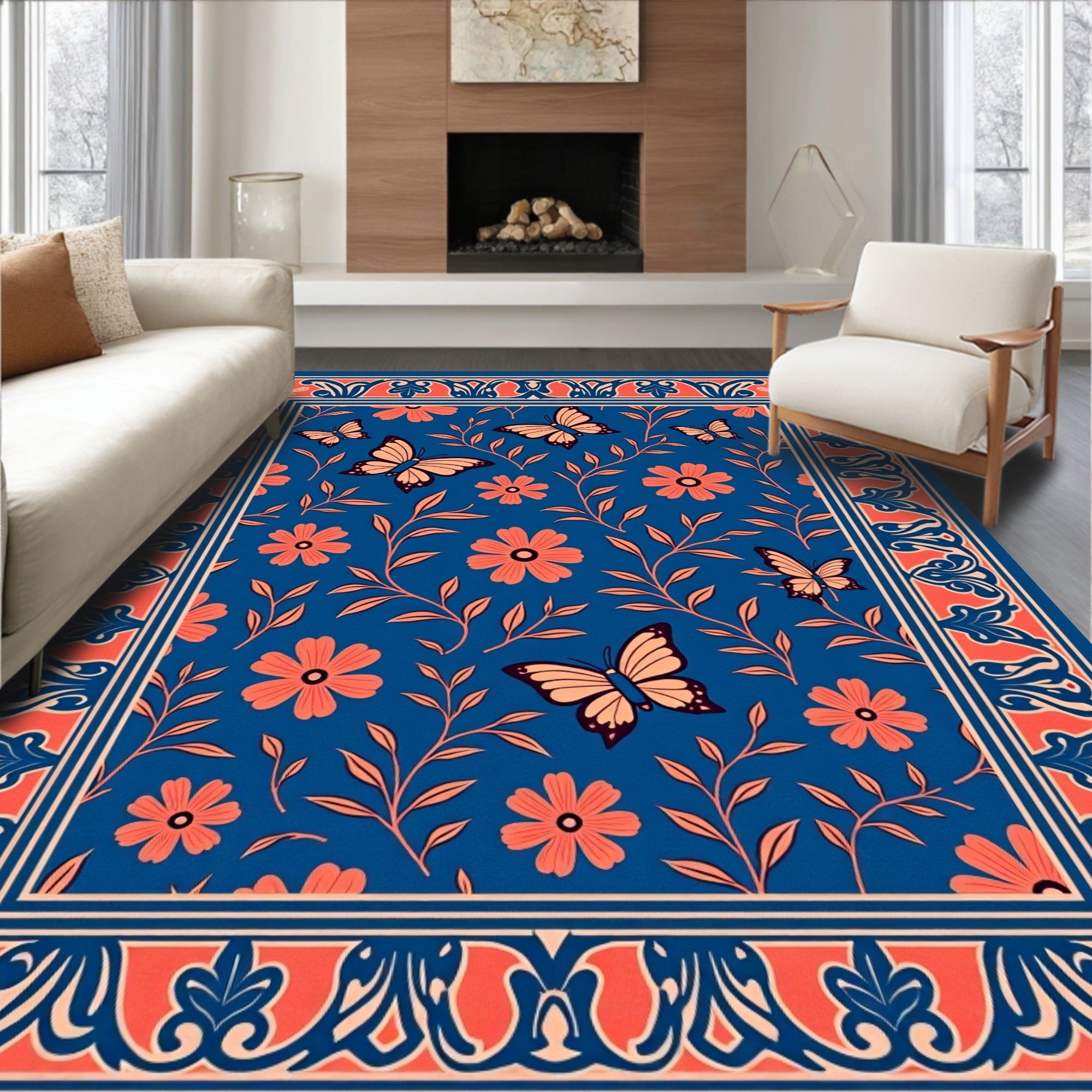Coral Butterflies Blue Floral Garden Rug
