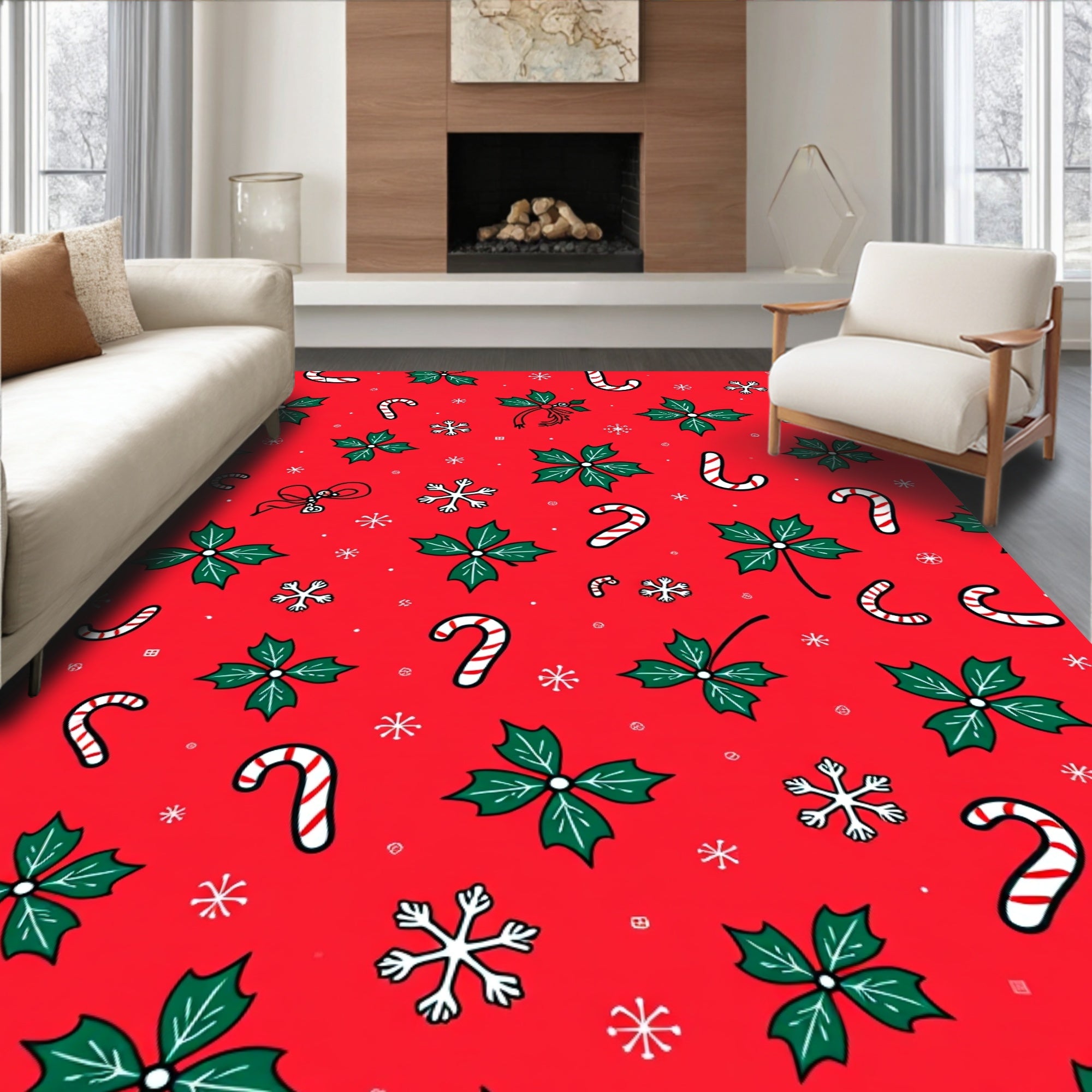 Red Holly Candy Cane Snowflake Scatter Rug
