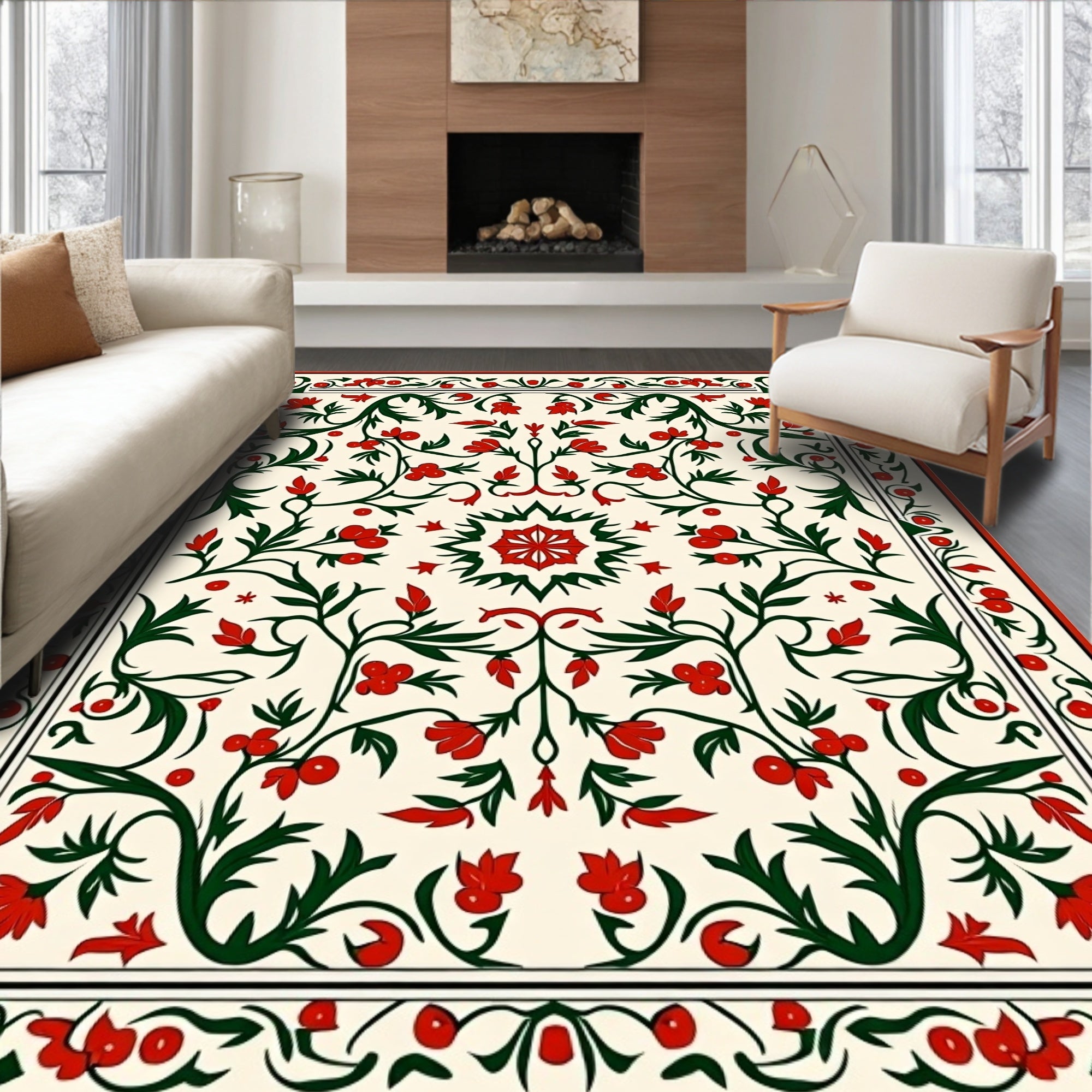 Crimson Berry Floral Vine Medallion Rug