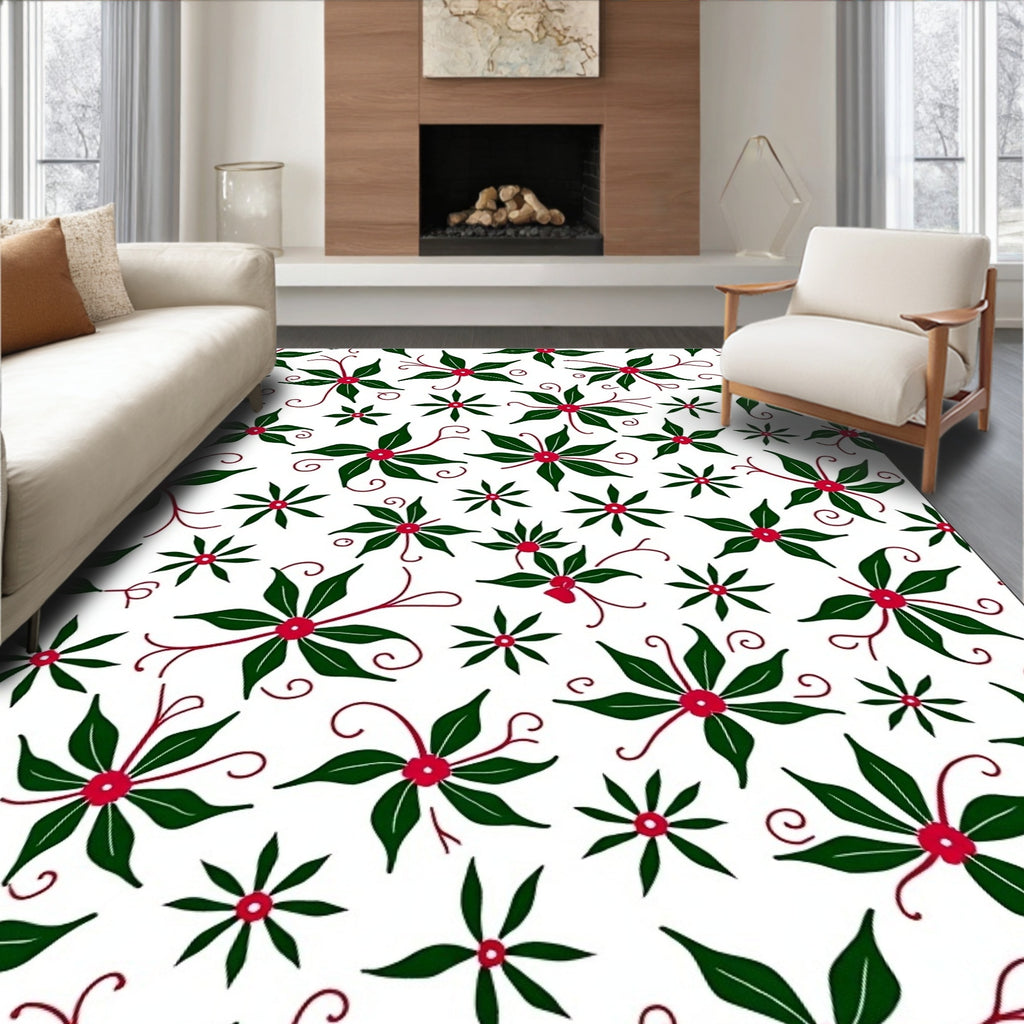 Festive Green Cranberry Floral Swirls Rug