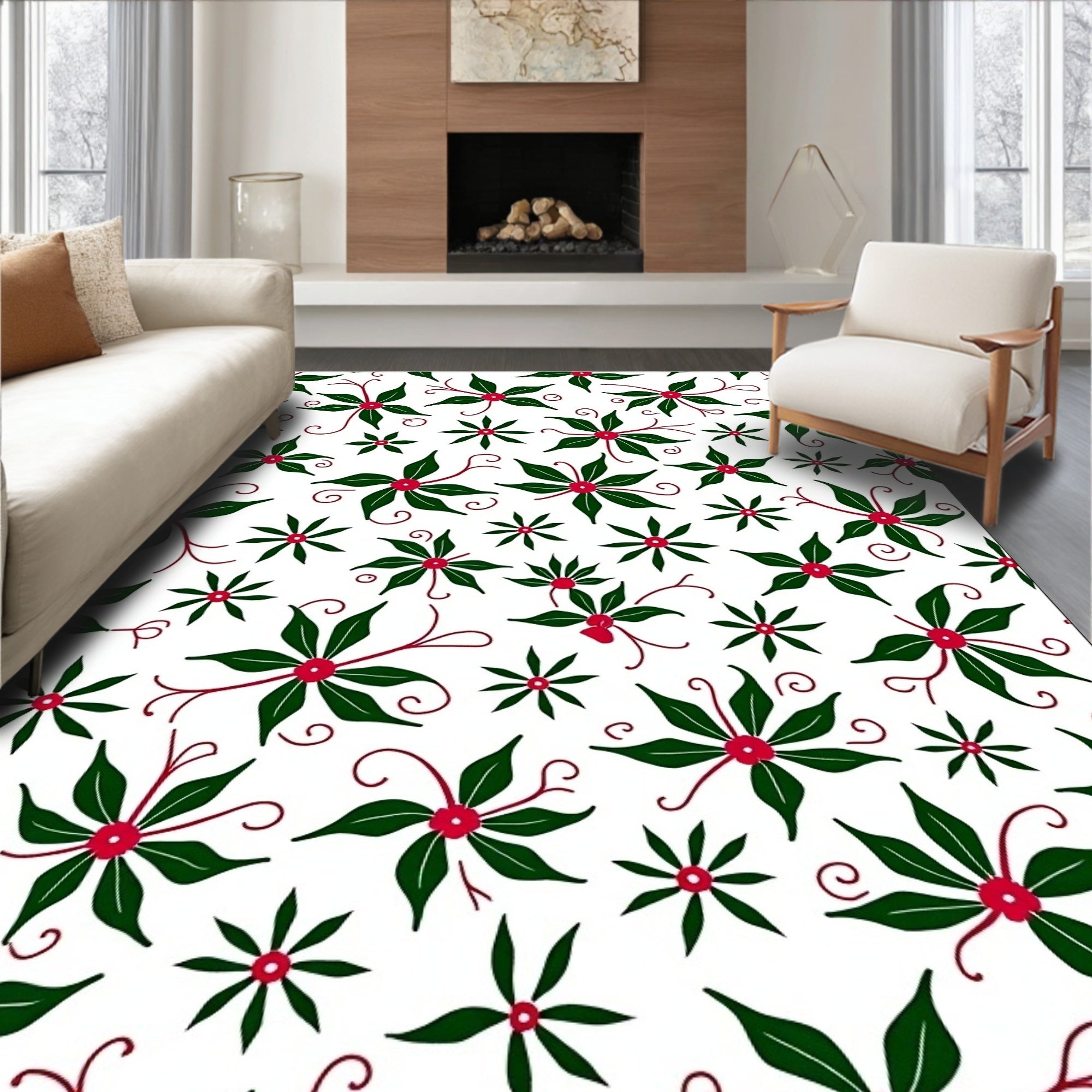Festive Green Cranberry Floral Swirls Rug