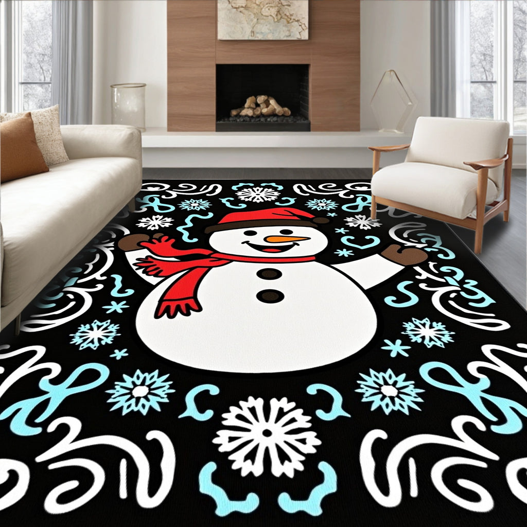 Happy Snowman Winter Snowflake Border Rug