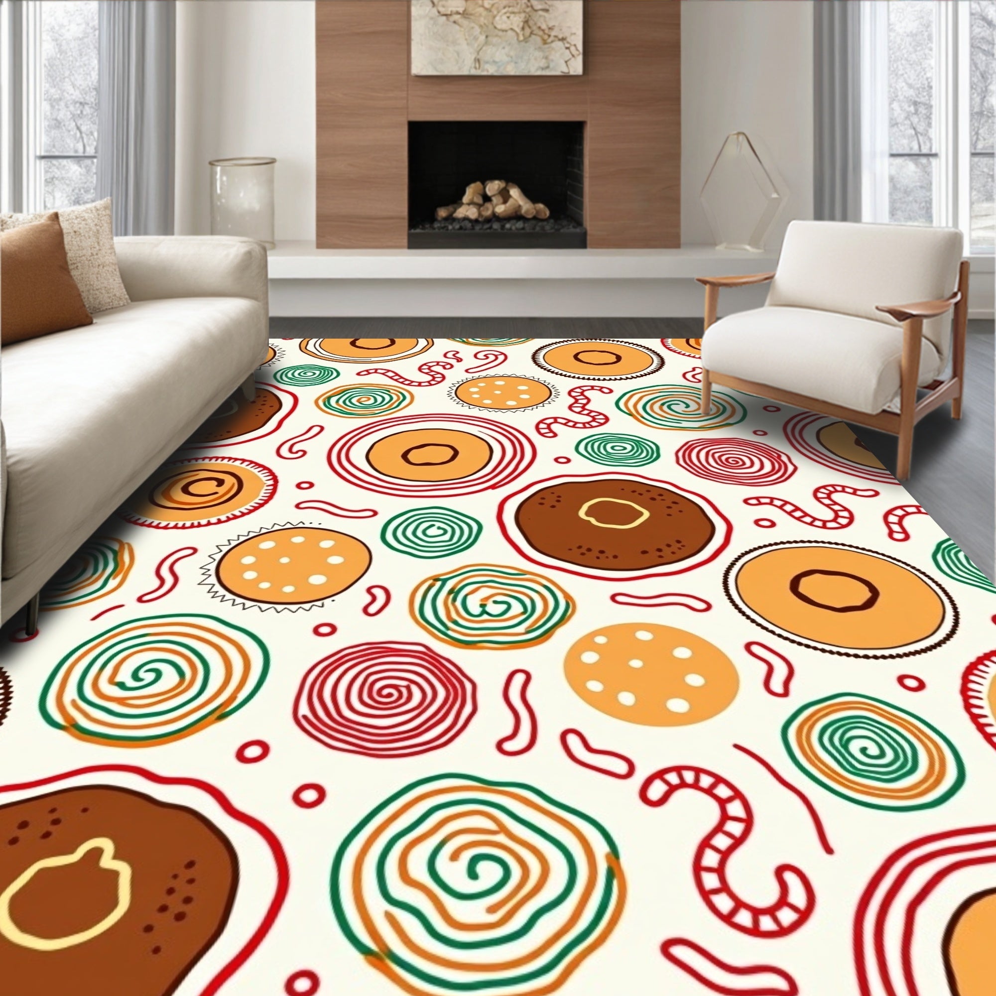 Whimsical Circles and Worms Folk Art Rug