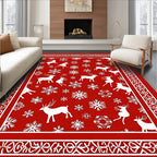 Red White Reindeer Snowflake Border Rug
