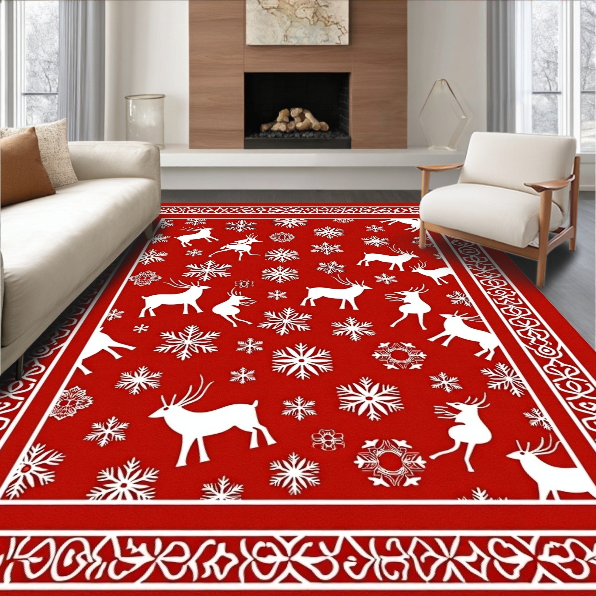 Red White Reindeer Snowflake Border Rug