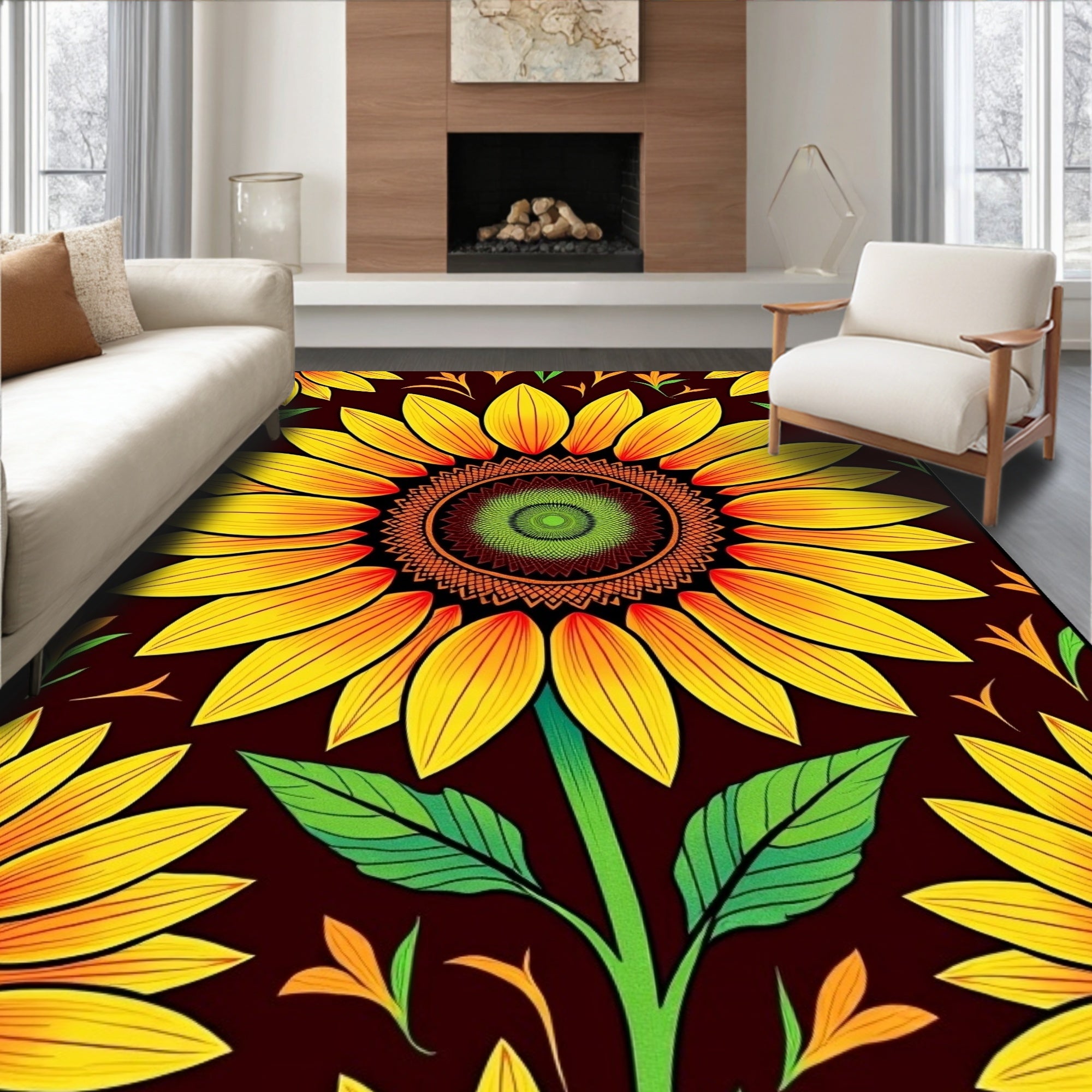 Vibrant Yellow Sunflower Mandala Garden Rug