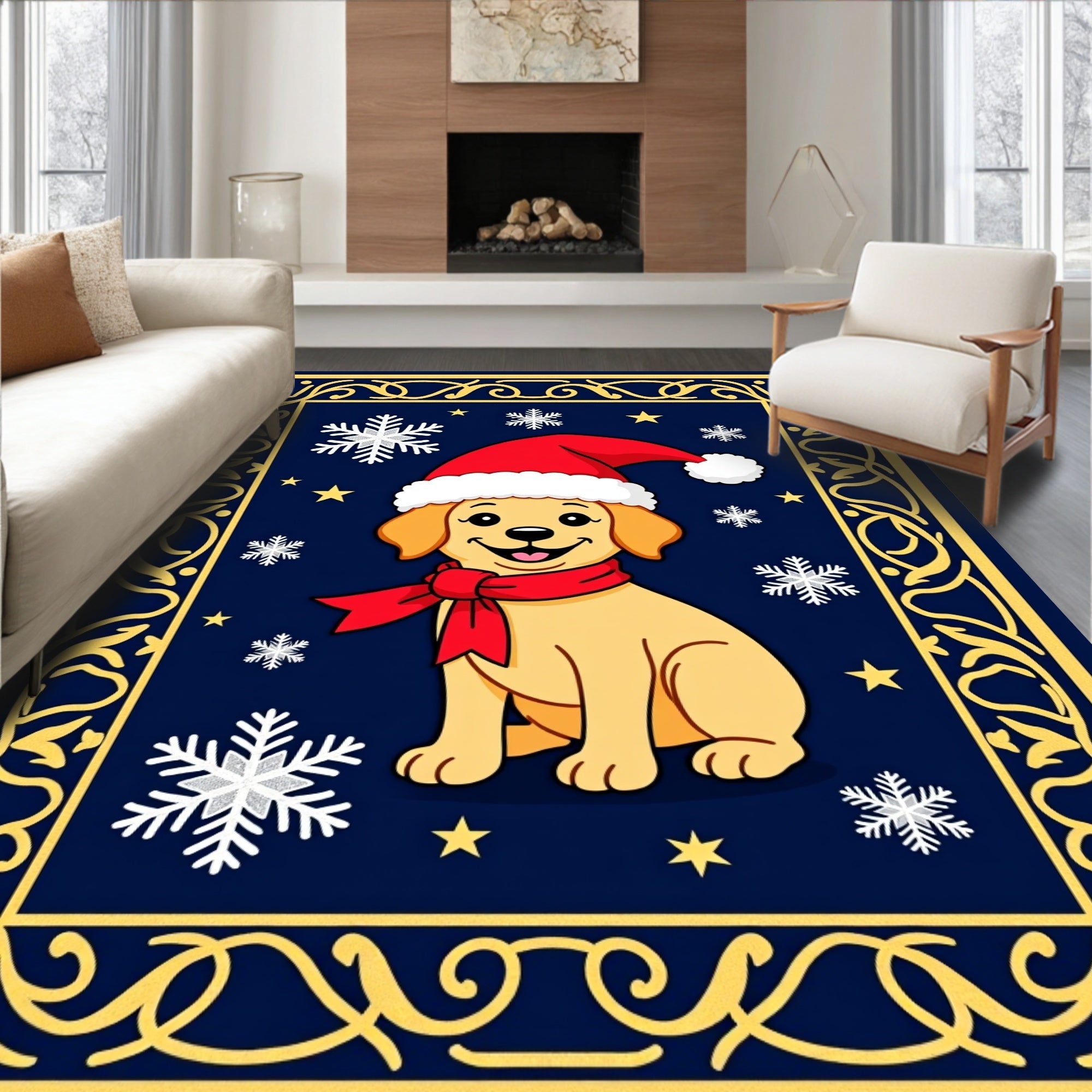 Golden Retriever Christmas Snowflake Border Rug