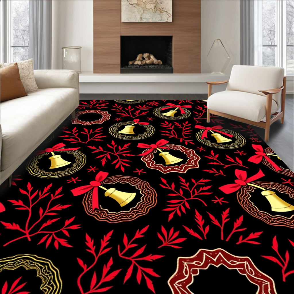 Red Leaf Bell Wreath Gold Border Rug