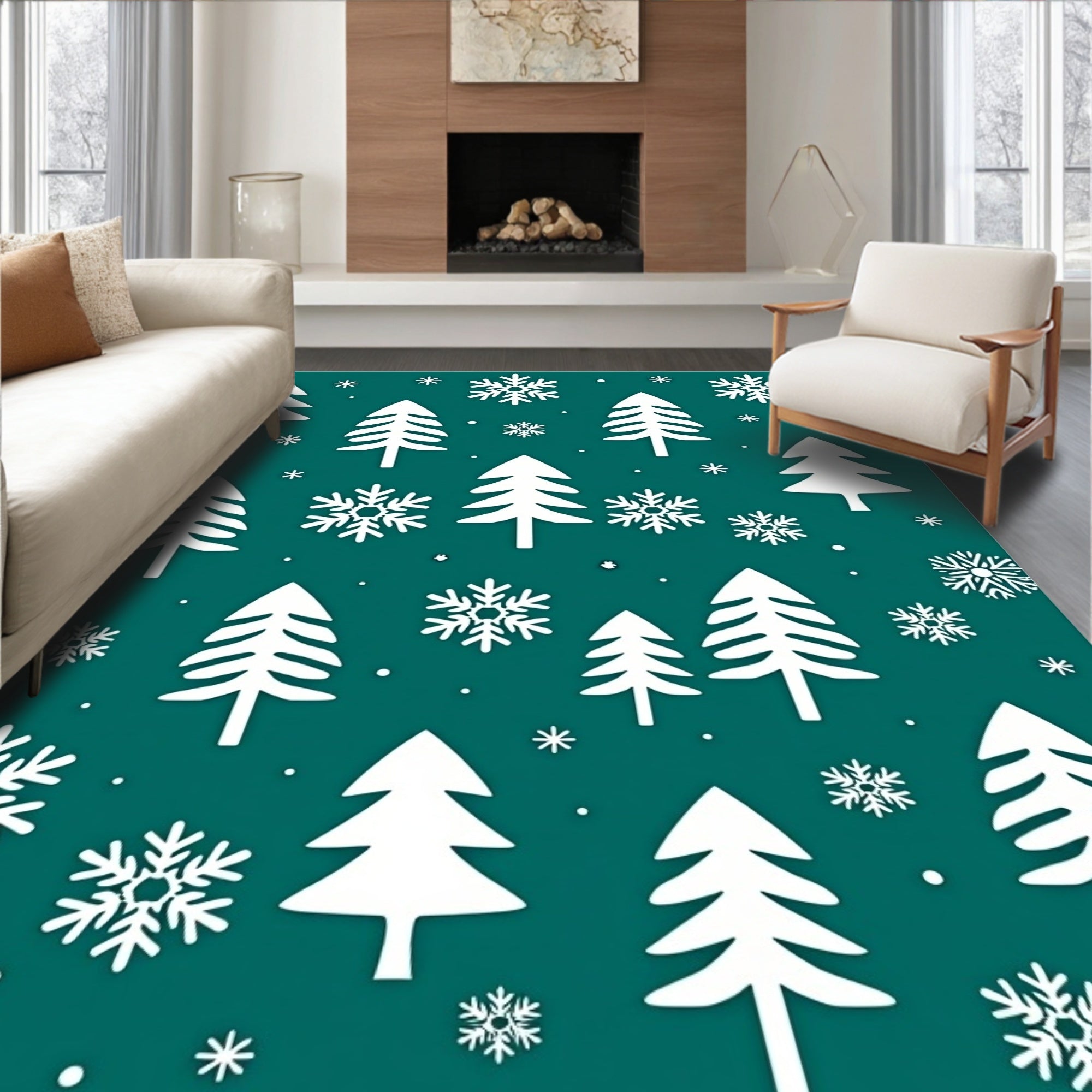 Teal And White Winter Trees Snowflakes Rug