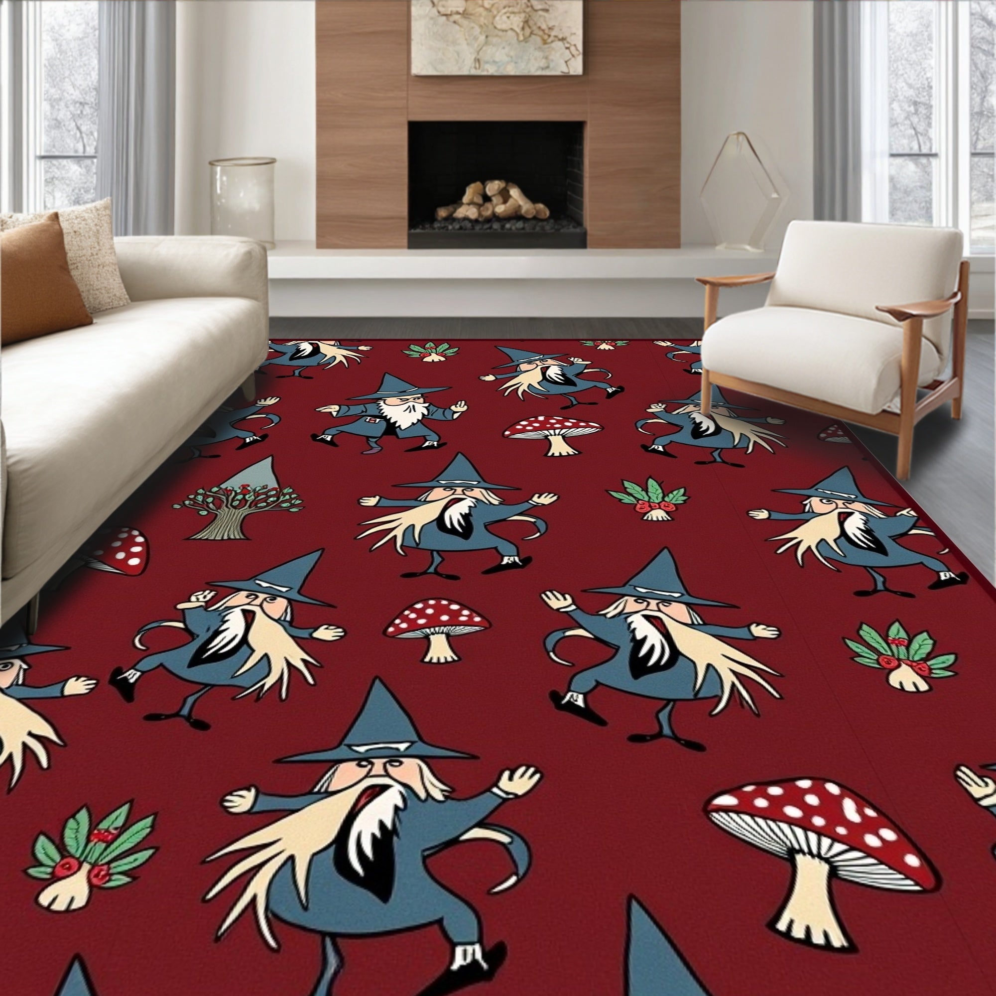 Whimsical Wizard Mushroom Forest Scene Rug