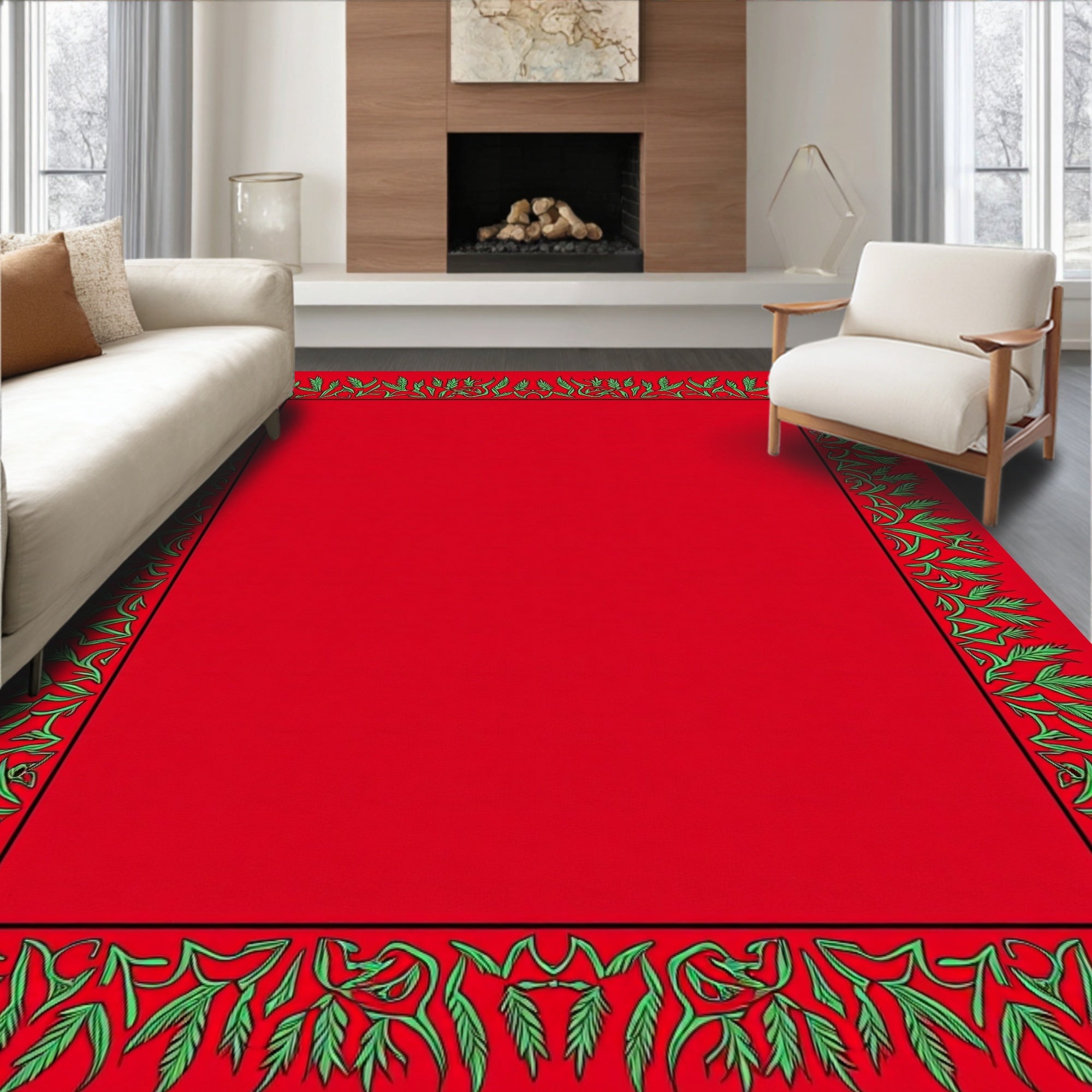 Vibrant Green Leaf Border Red Rug