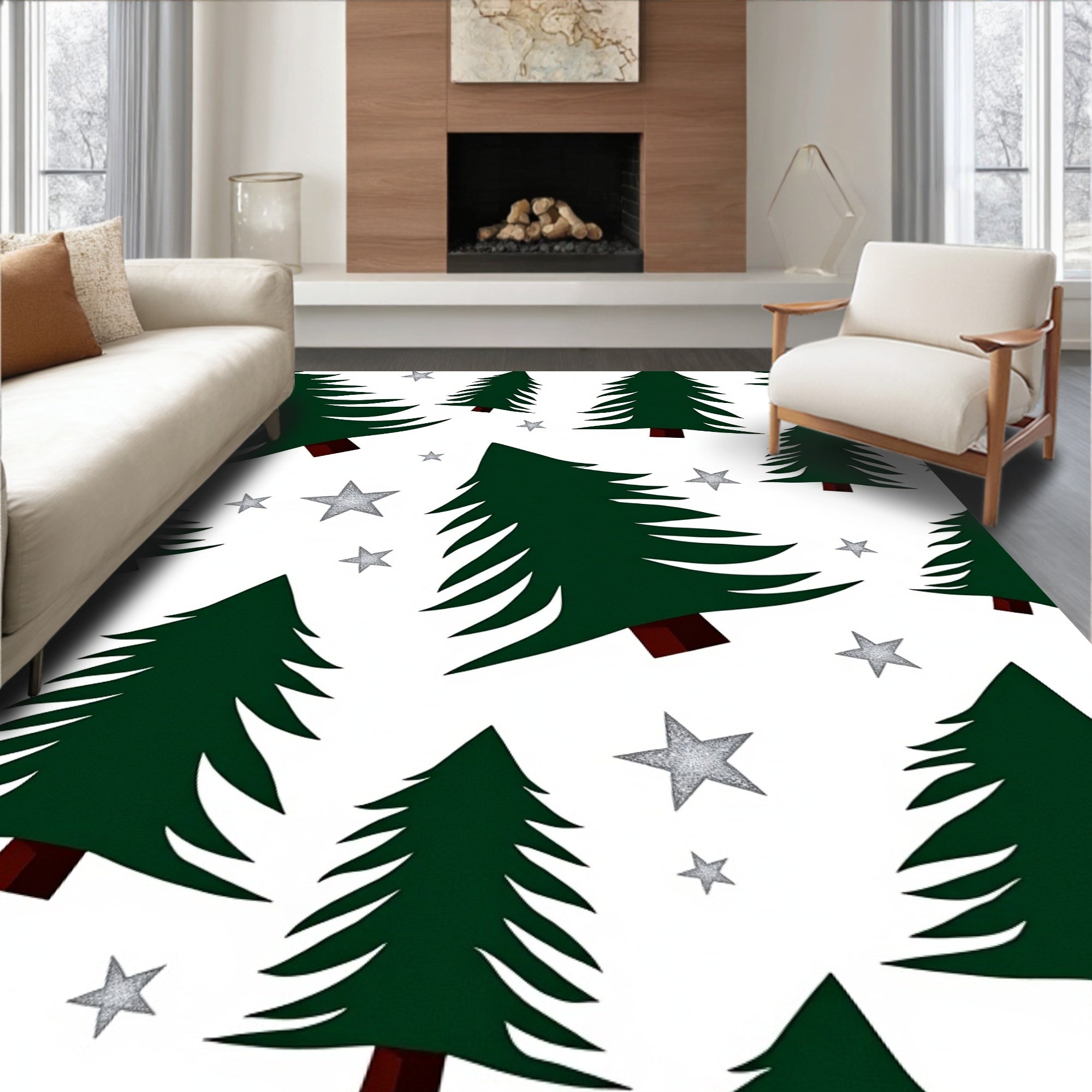 Forest Green Christmas Trees Silver Stars Rug
