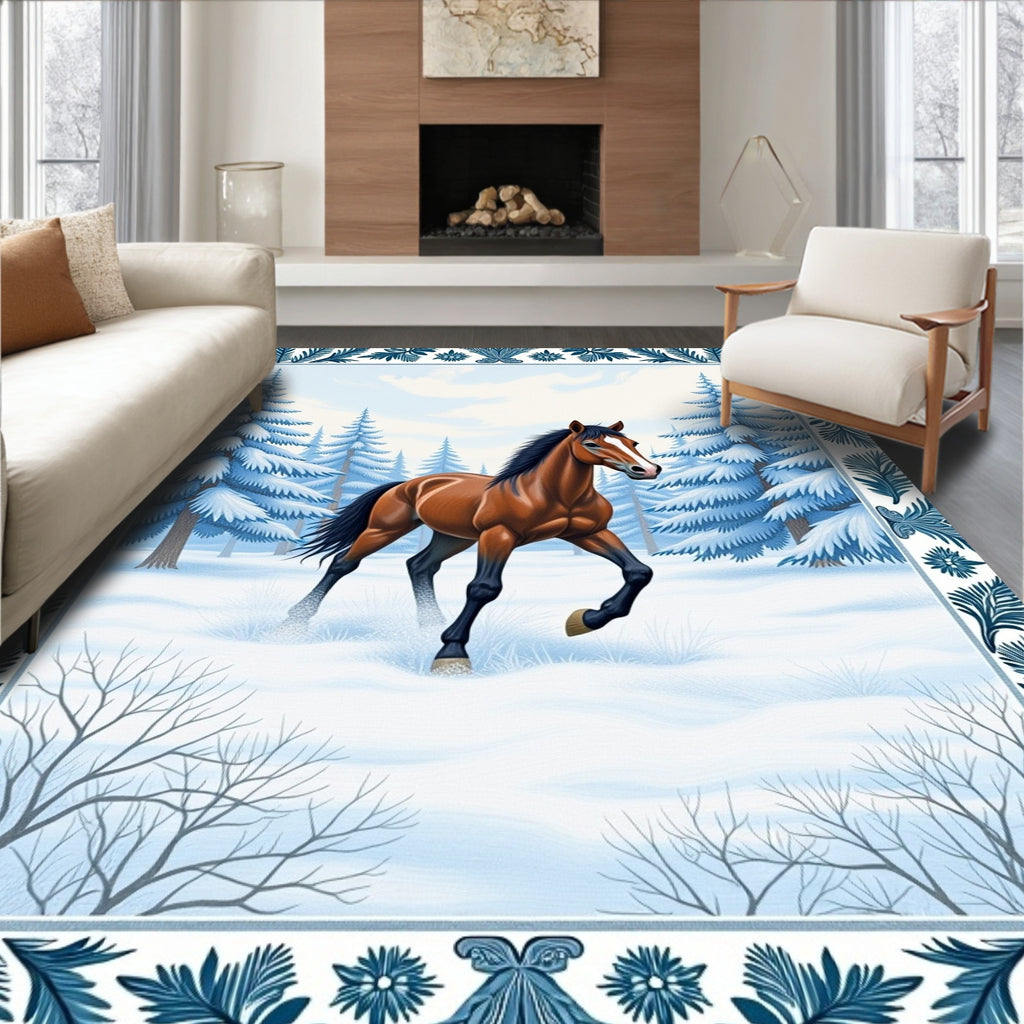 Winter Chestnut Horse Snowy Forest Scene Rug