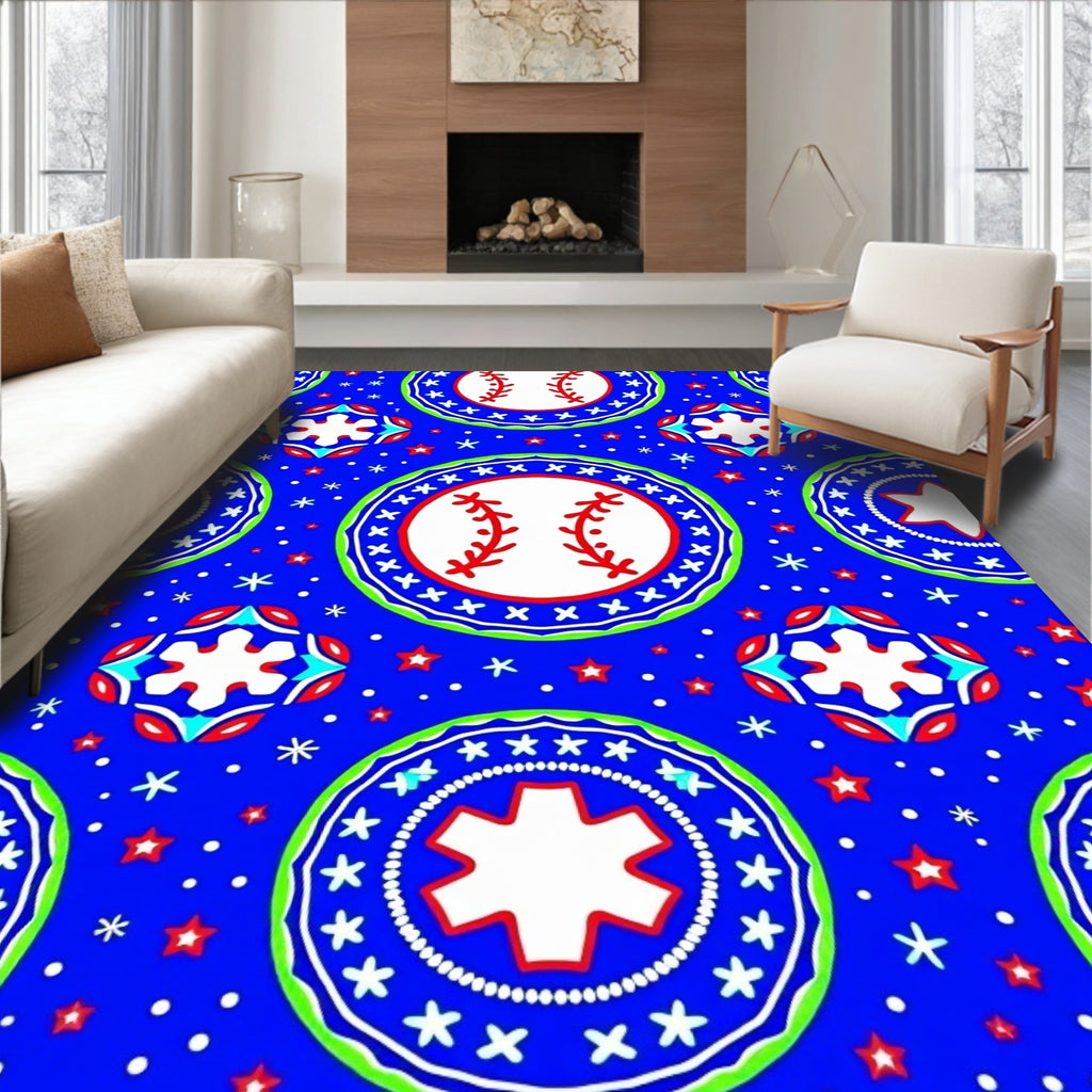 Bold Blue Baseball Starburst Roundels Rug