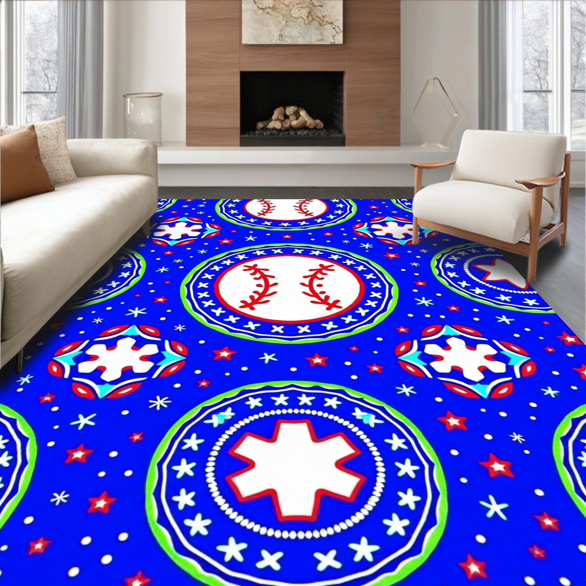 Bold Blue Baseball Starburst Roundels Rug