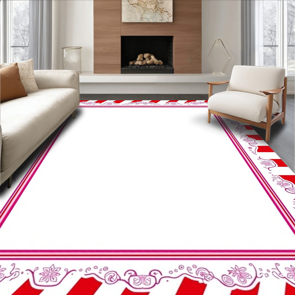 Whimsical Red Pink Floral Stripe Frame Rug