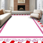 Whimsical Red Pink Floral Stripe Frame Rug