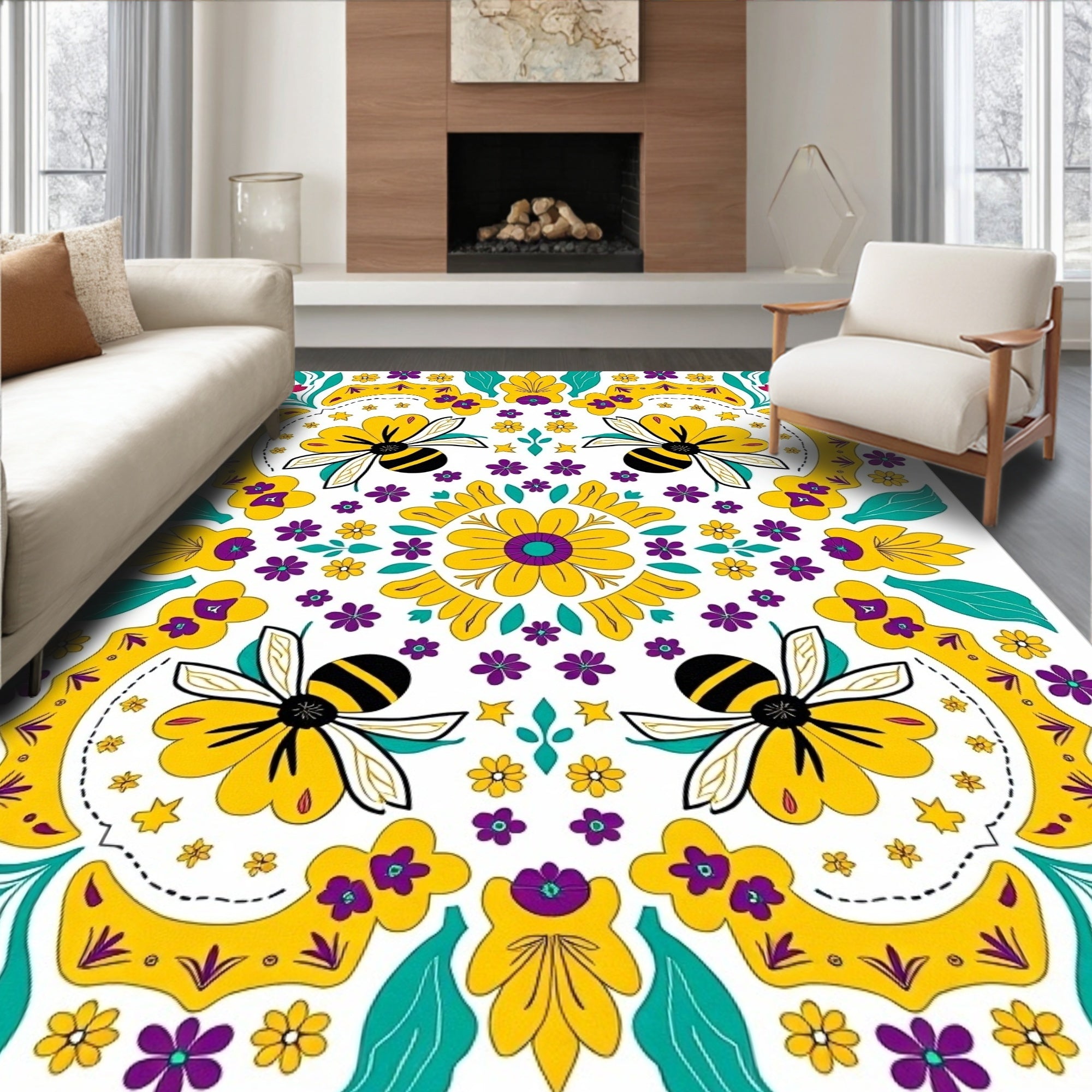 Yellow Bee Blossom Floral Garland Rug