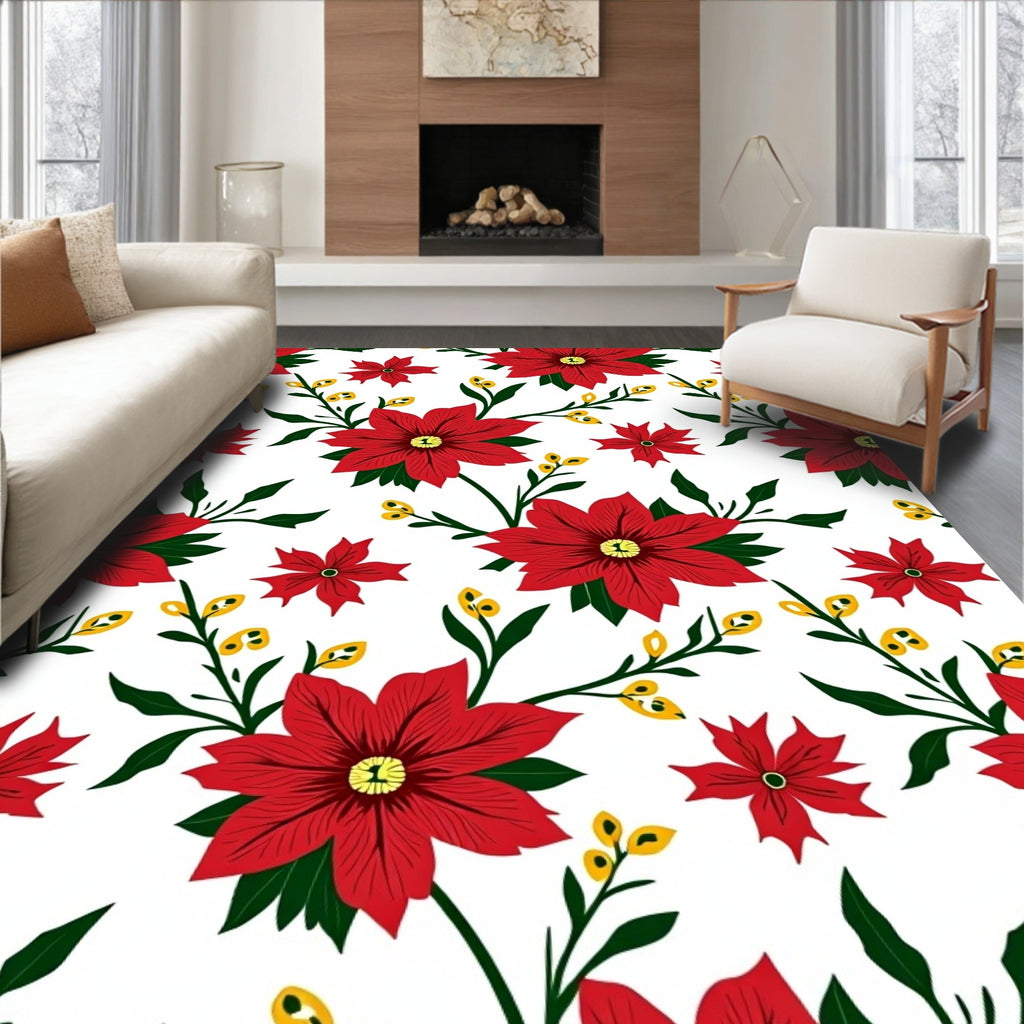 Vibrant Red Floral Botanical Art Rug
