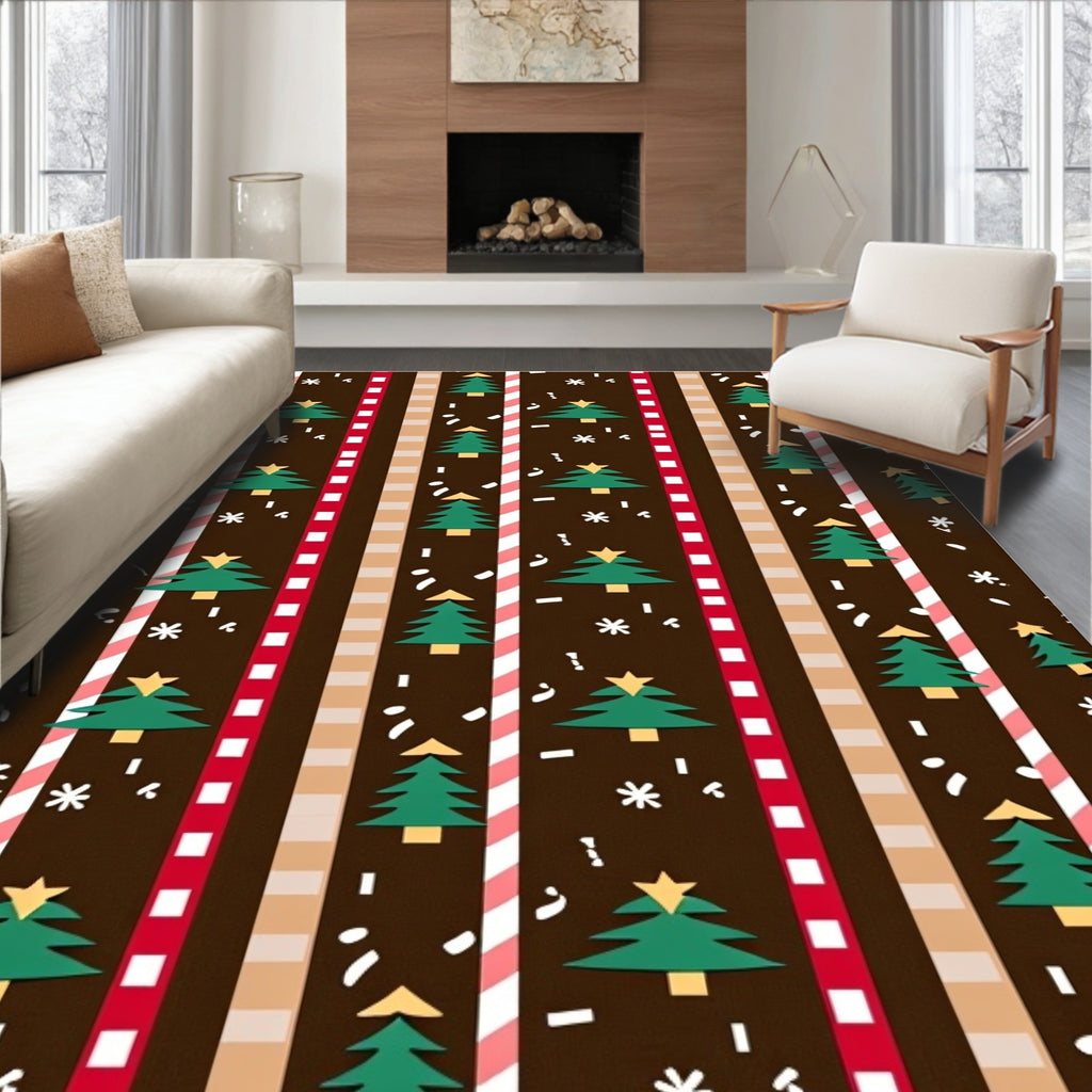 Festive Green Trees Brown Stripe Candy Cane Rug