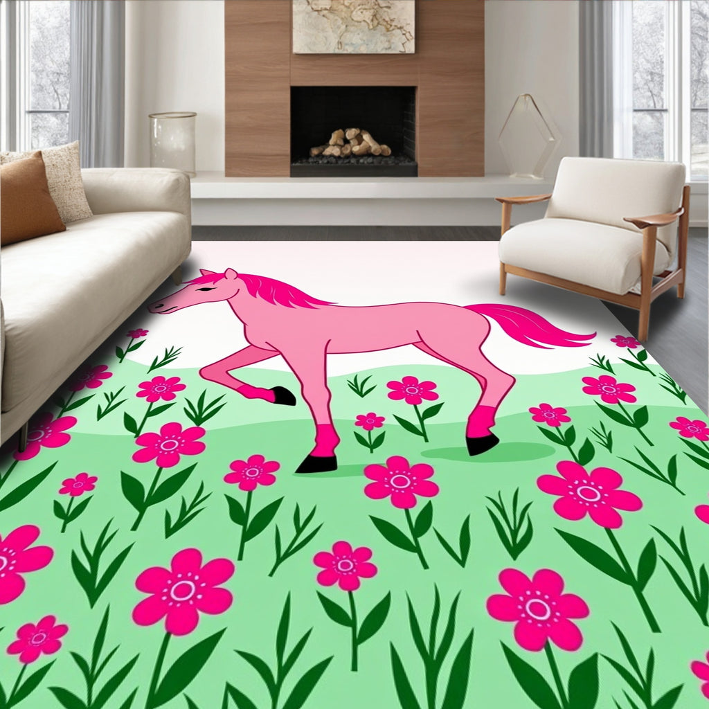 Pink Horse Surrounded by Hot Pink Flowers Rug