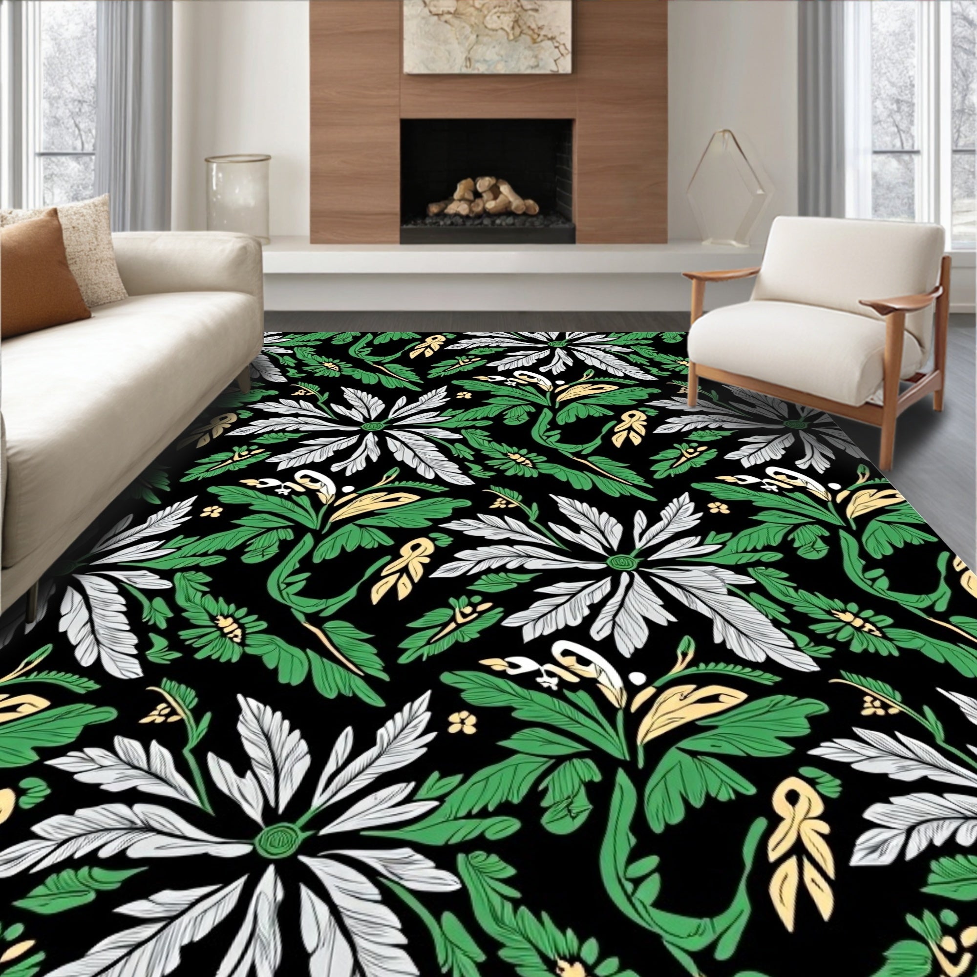 Bold Black Green White Floral Garden Rug