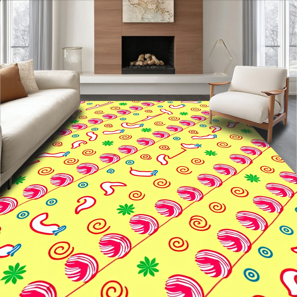 Playful Yellow Red Swirls and Shapes Rug