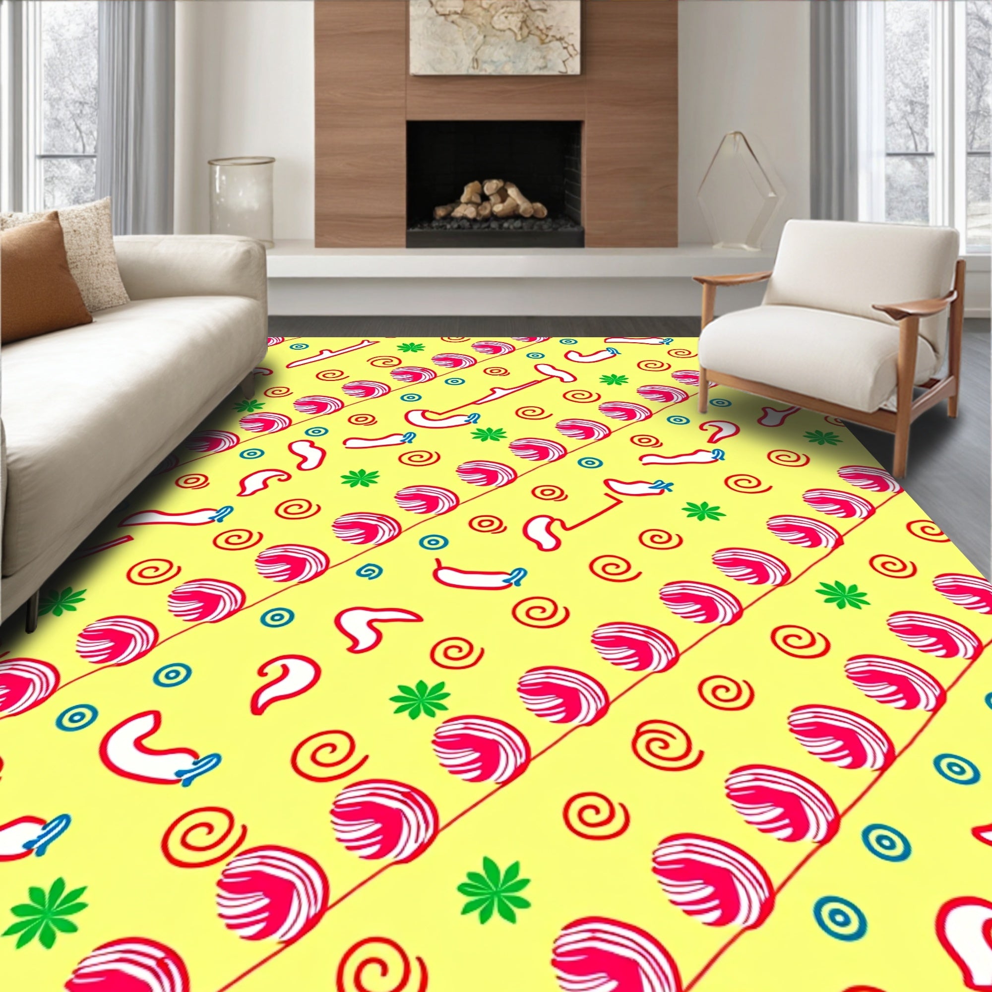 Playful Yellow Red Swirls and Shapes Rug