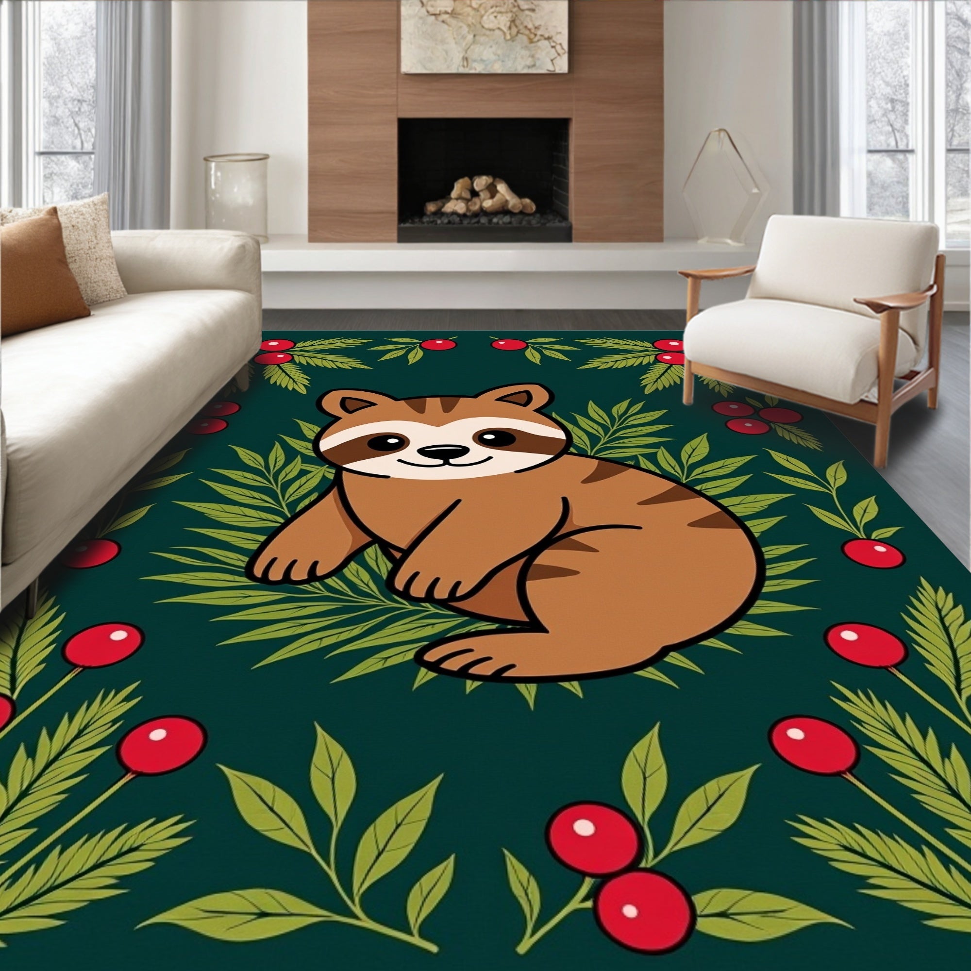 Whimsical Raccoon Berry Woodland Frame Rug