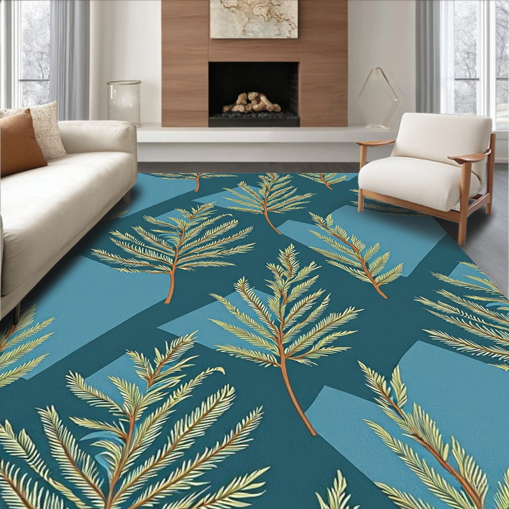 Teal Pine Branches Geometric Overlay Rug