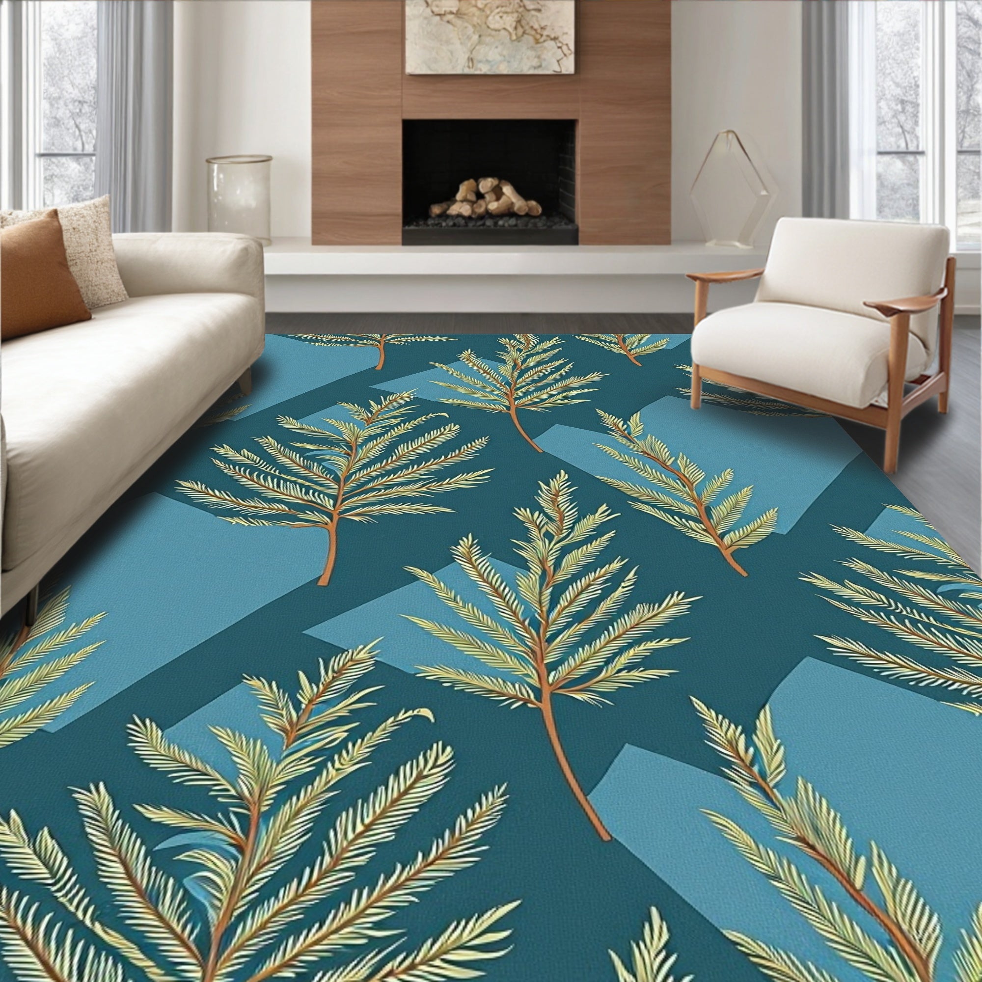 Teal Pine Branches Geometric Overlay Rug