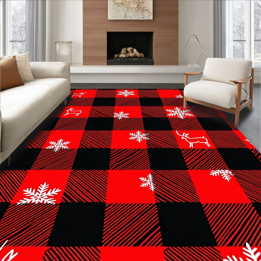 Red Black Buffalo Check Reindeer Snowflake Rug
