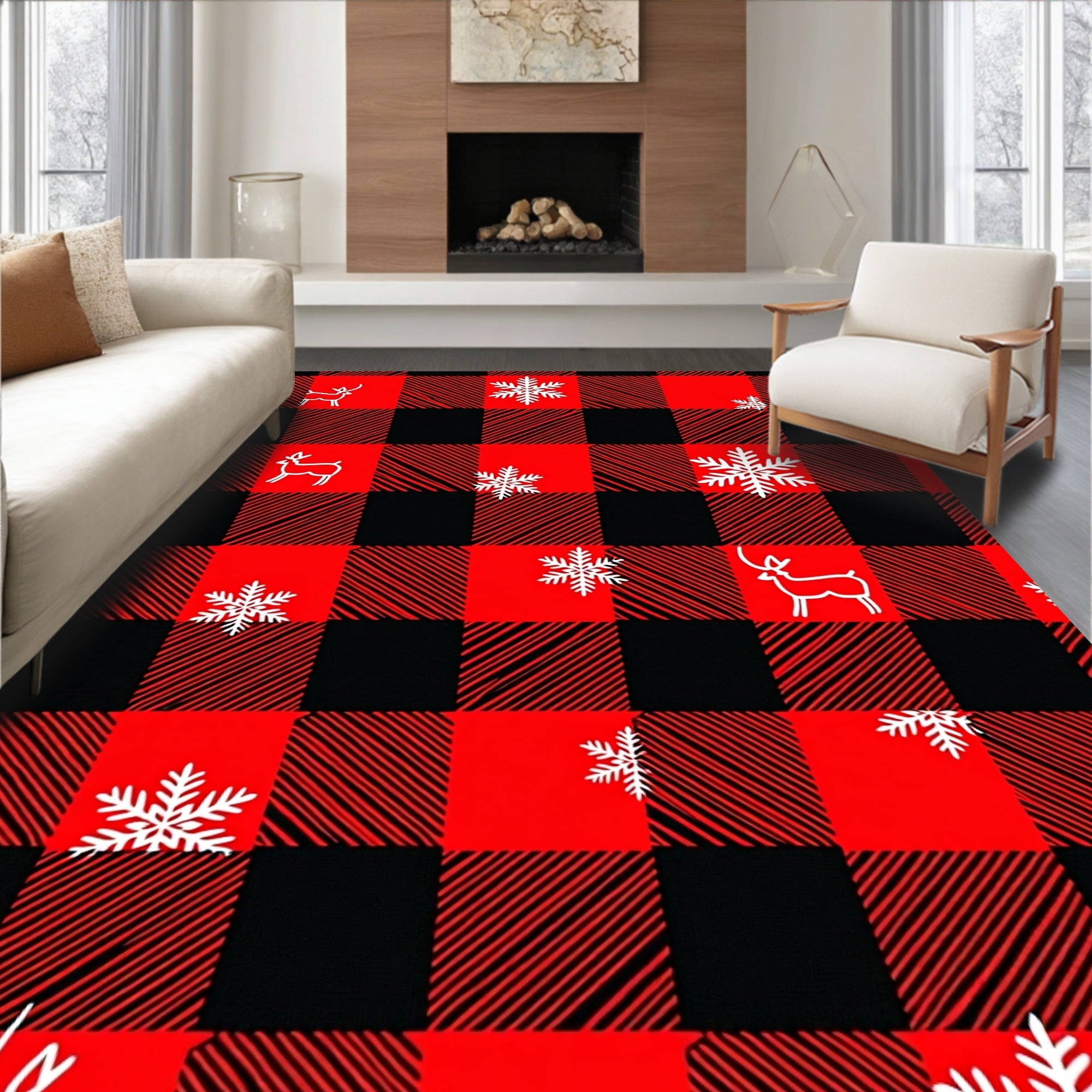 Red Black Buffalo Check Reindeer Snowflake Rug