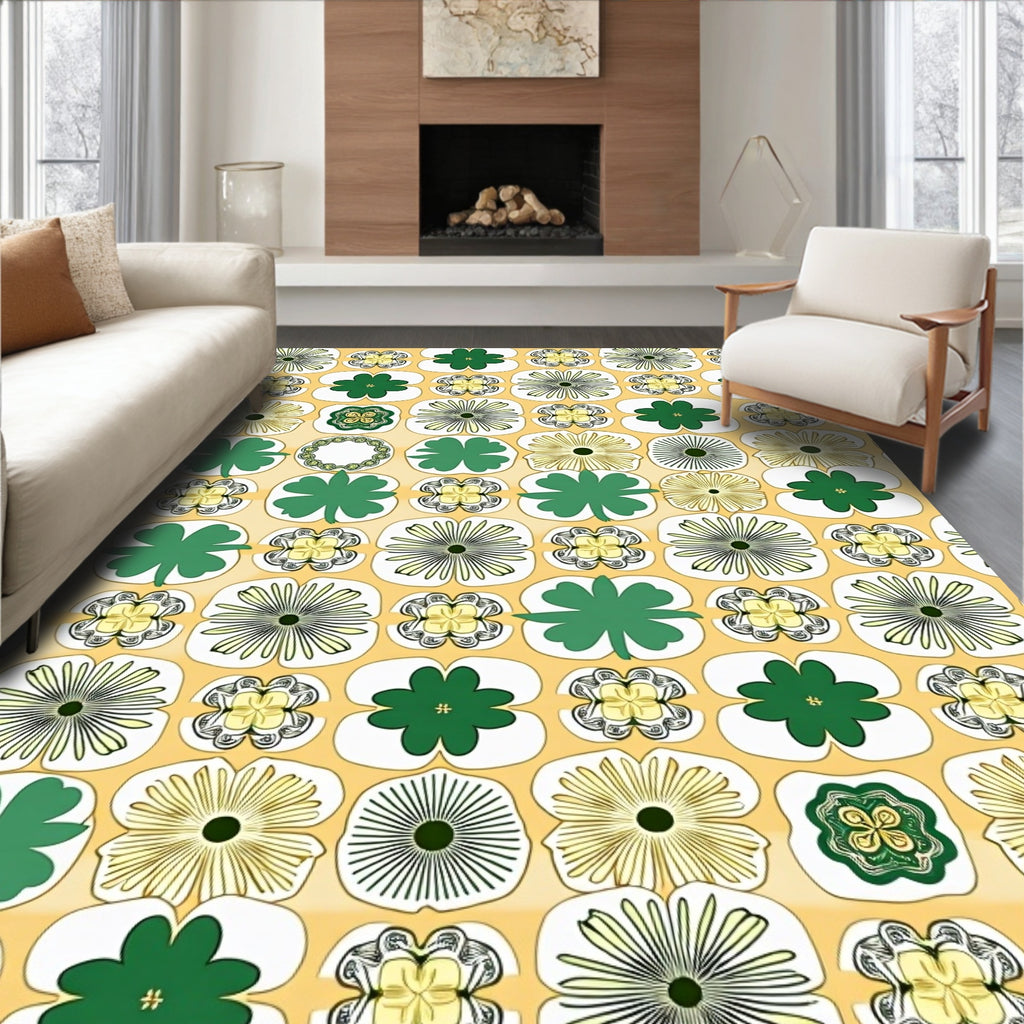 Retro Green Clover Floral Grid Rug