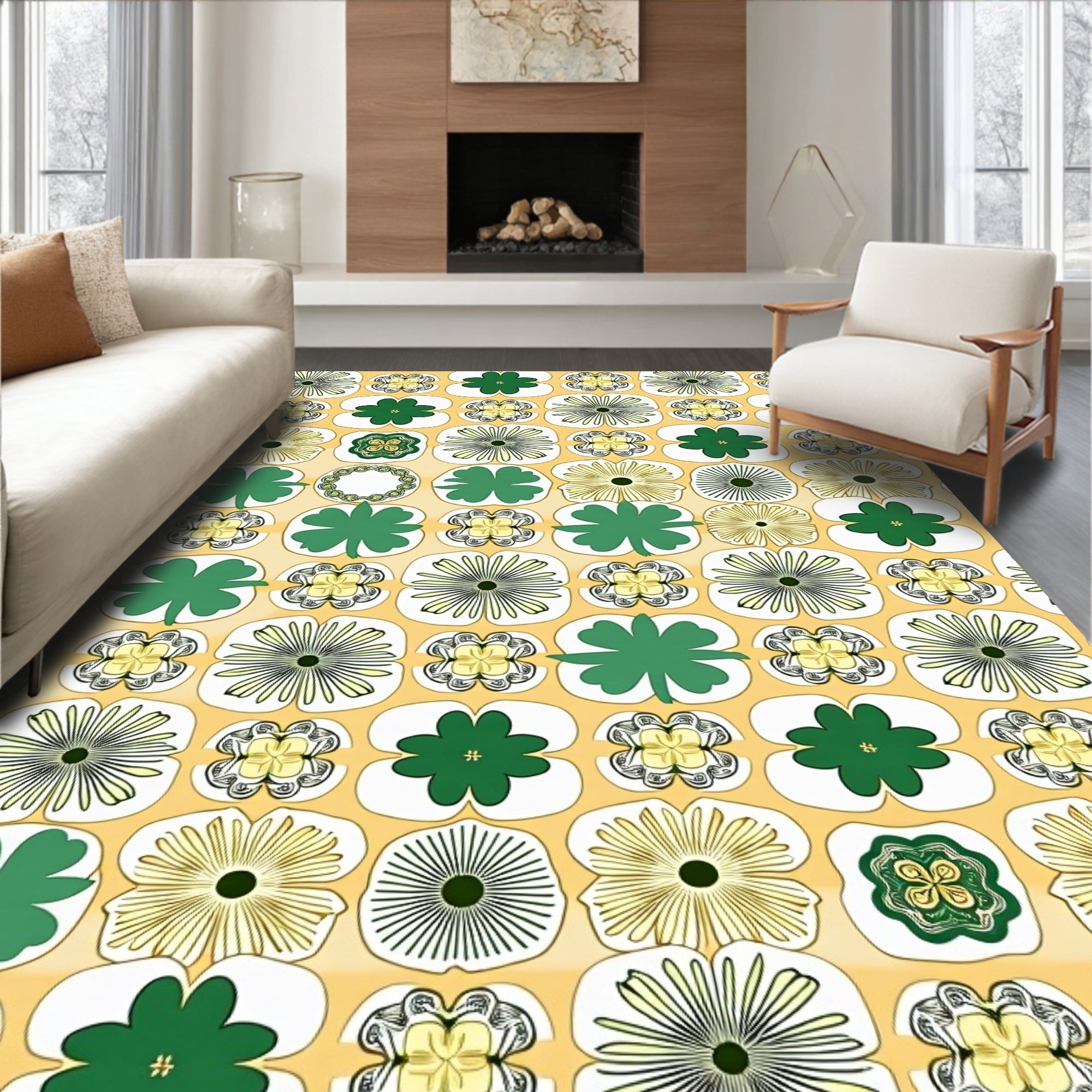 Retro Green Clover Floral Grid Rug