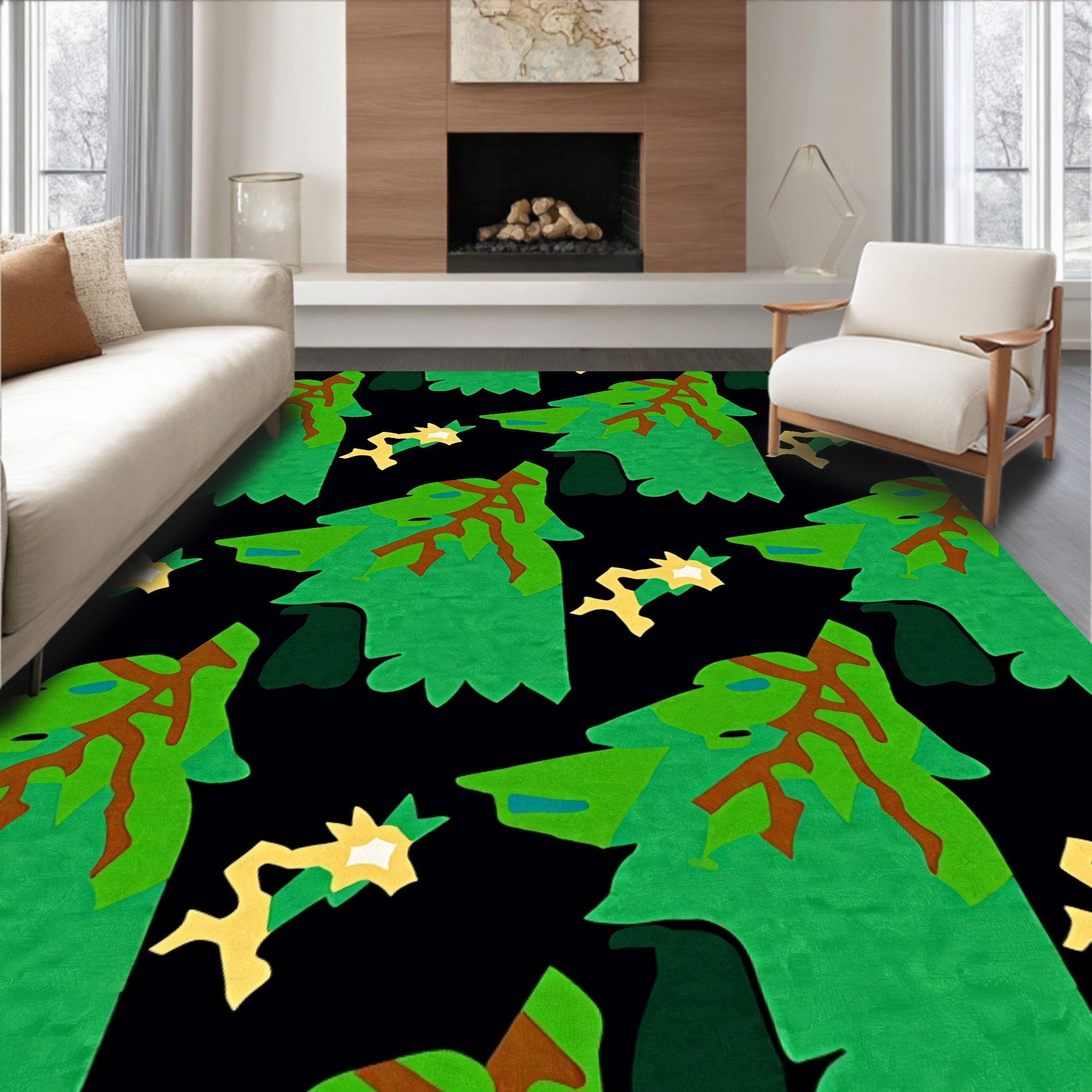 Whimsical Green Forest Creatures Rug
