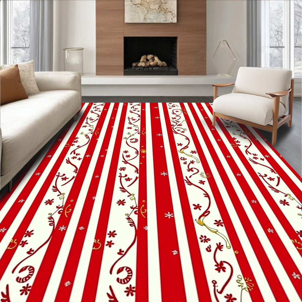 Red Cream Floral Vine Stripes Rug