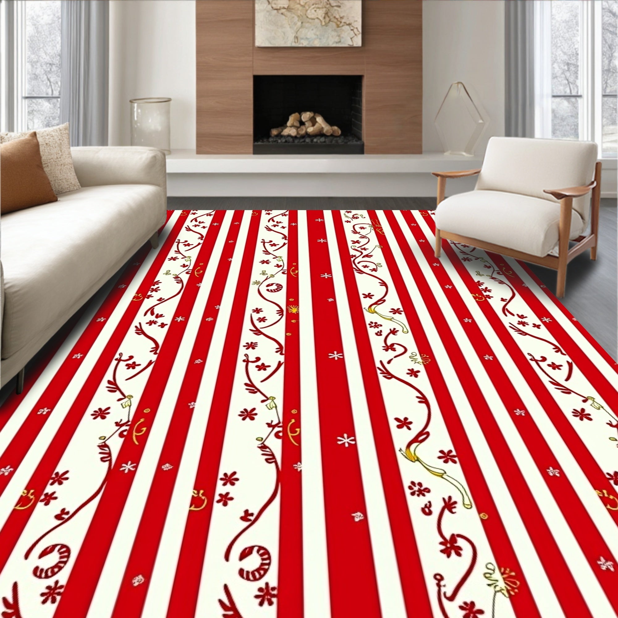 Red Cream Floral Vine Stripes Rug
