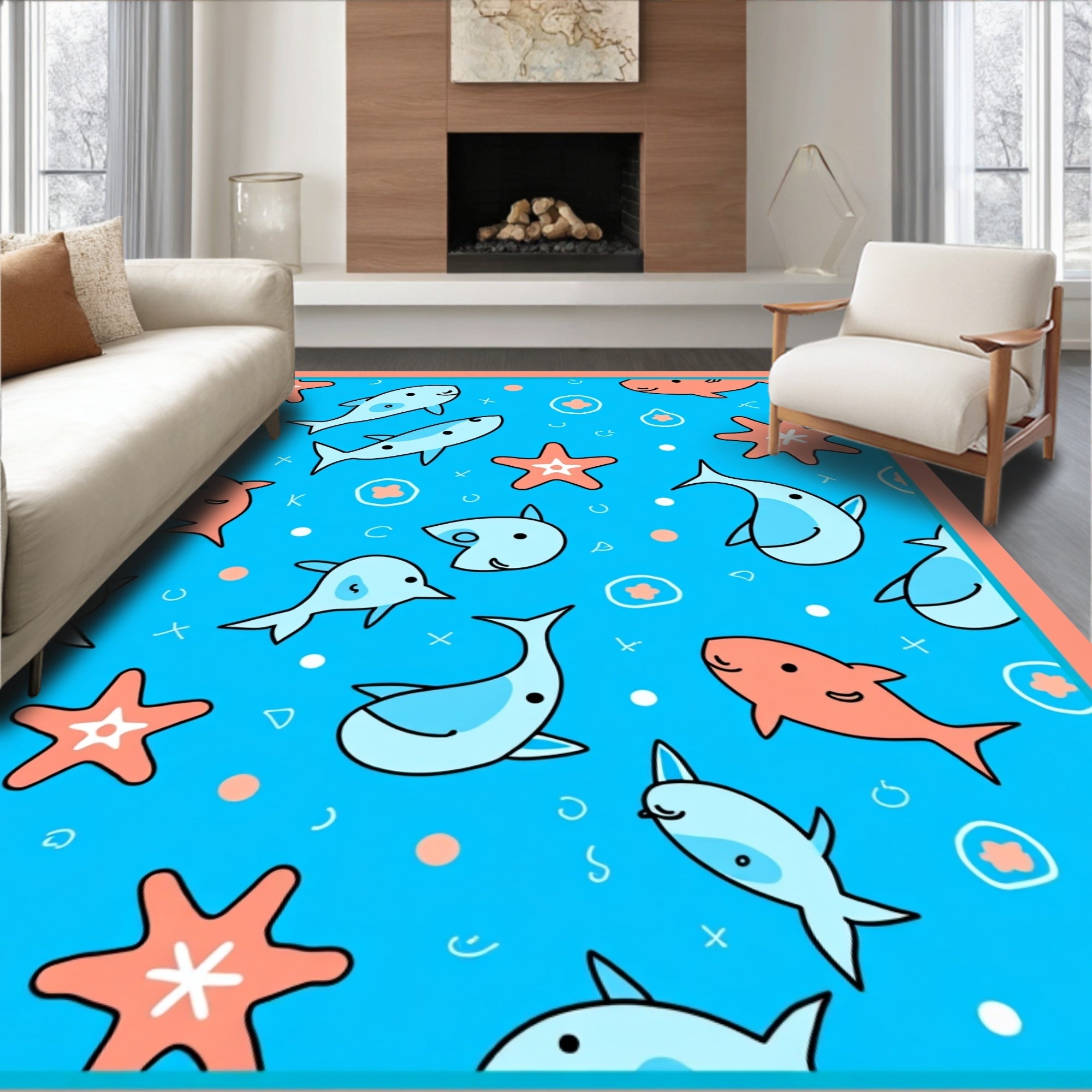 Cute Coral Dolphin Starfish Aquatic Scene Rug