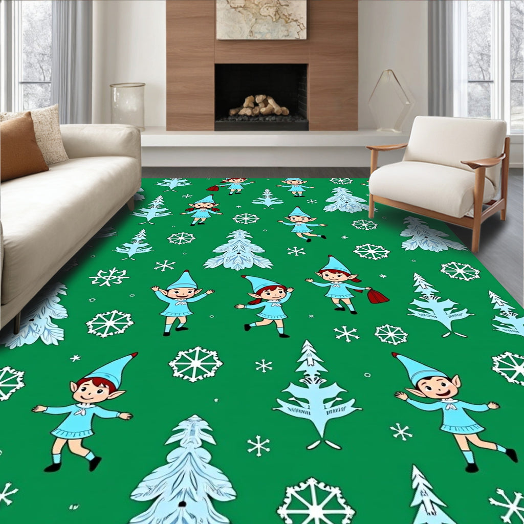 Whimsical Elf Snowflakes Green Christmas Trees Rug