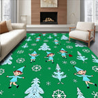 Whimsical Elf Snowflakes Green Christmas Trees Rug