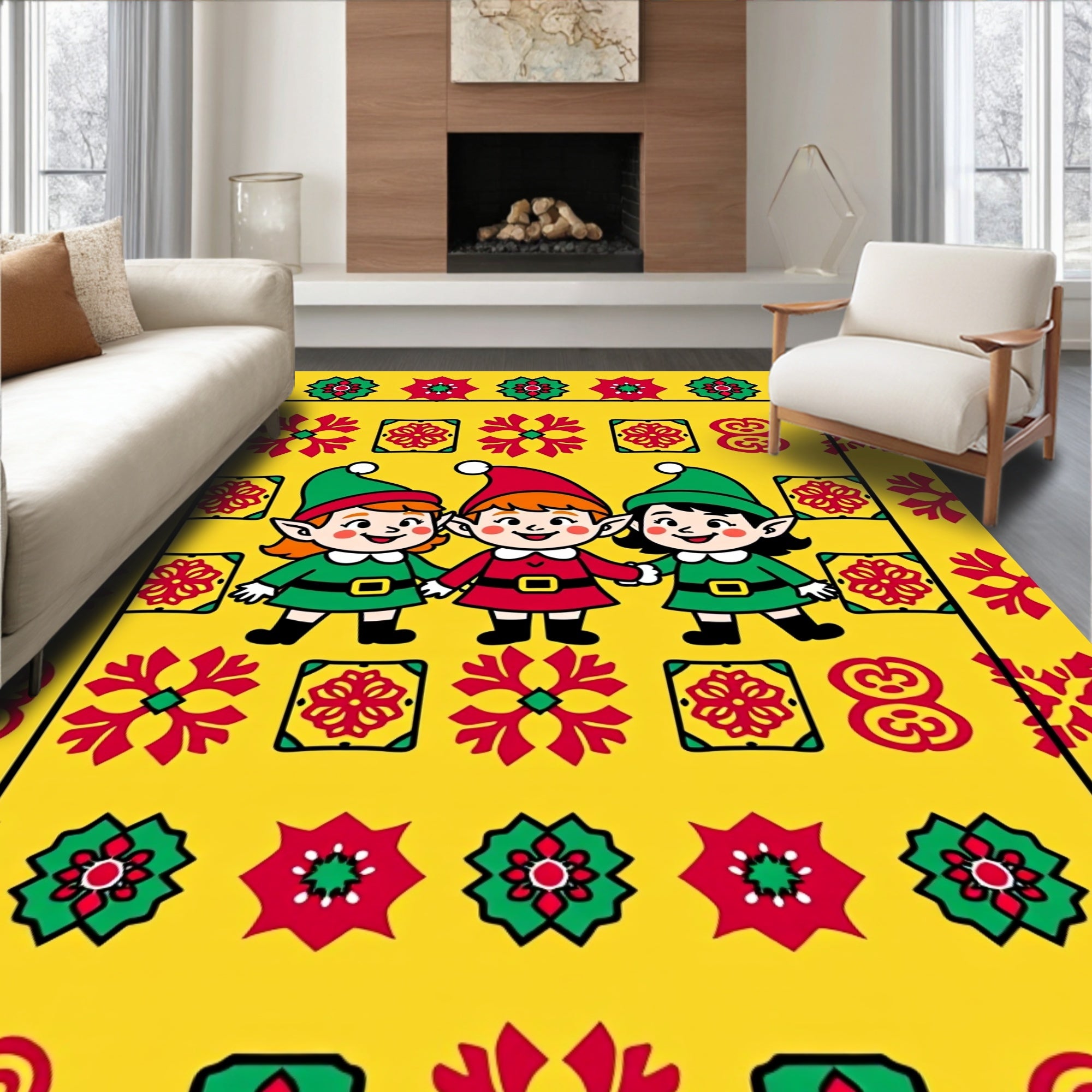 Festive Elves Red Green Yellow Border Rug