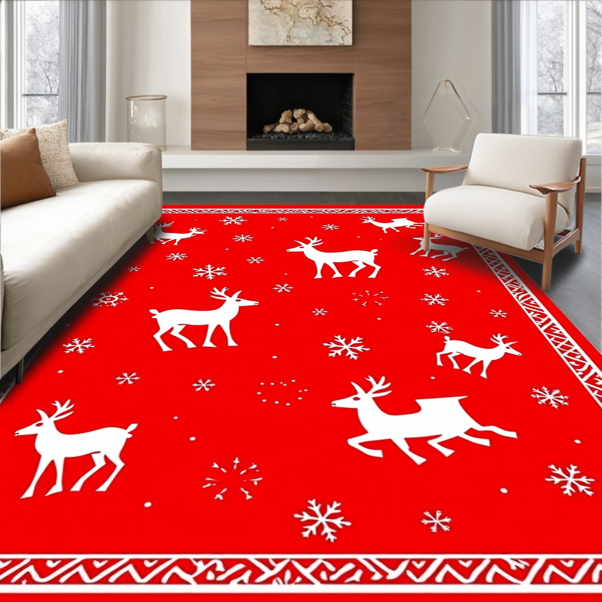 Winter Reindeer Snowflakes Border Rug