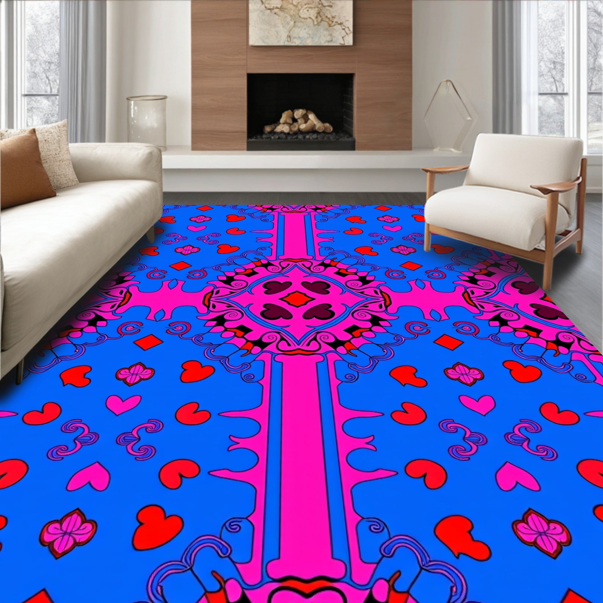 Vibrant Pink Blue Heart Jewel Rug